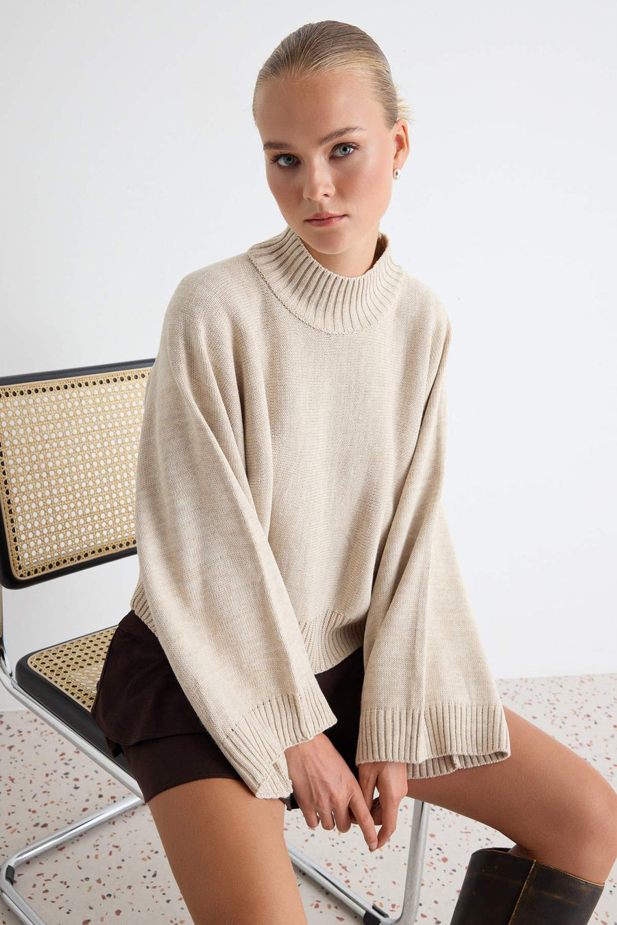 Stone Relaxed Fit Flared Sleeve Knit Jumper