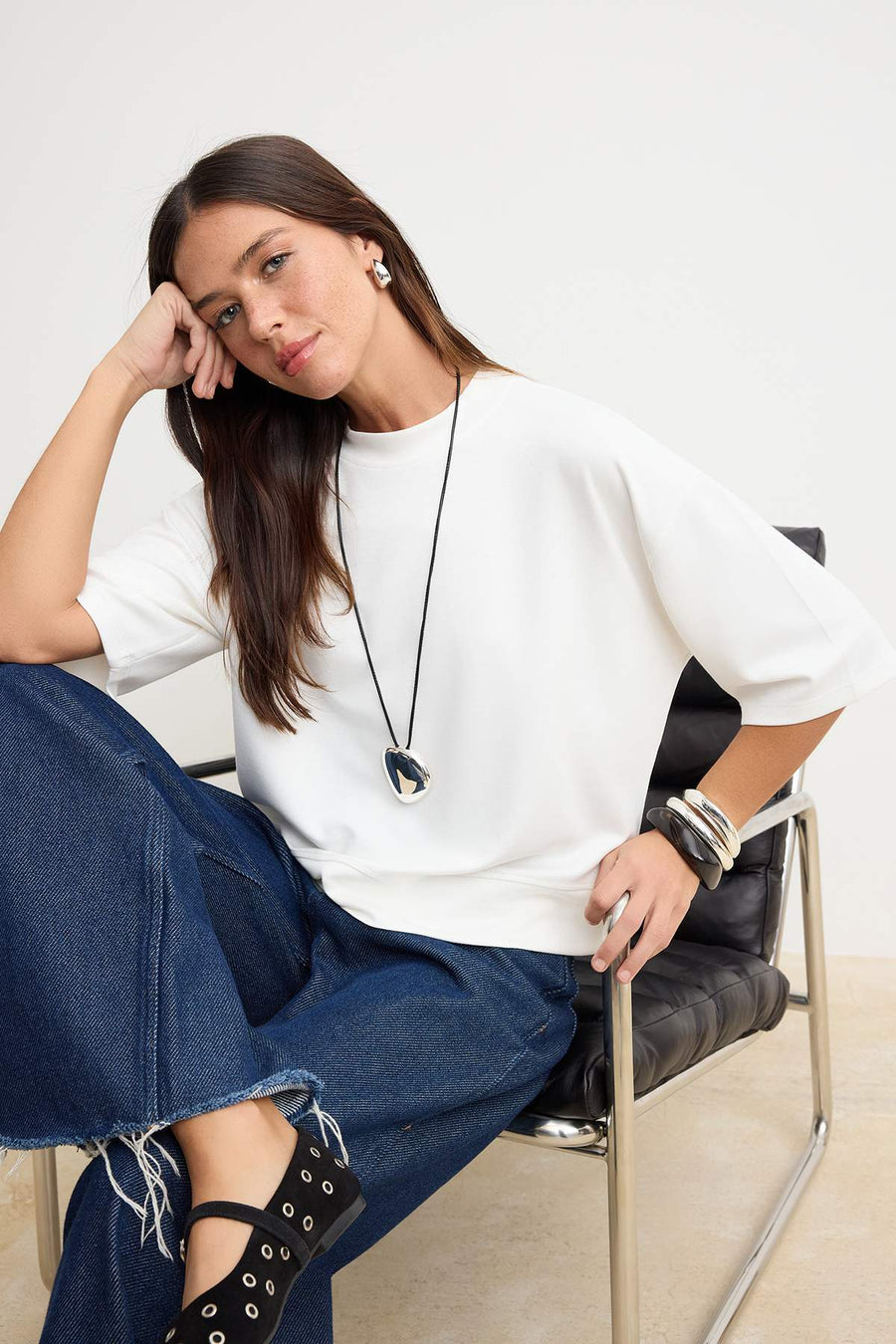Ecru Oversized/Relaxed Fit Drop Shoulder Three-Quarter Sleeve Soft Touch Knit T-Shirt
