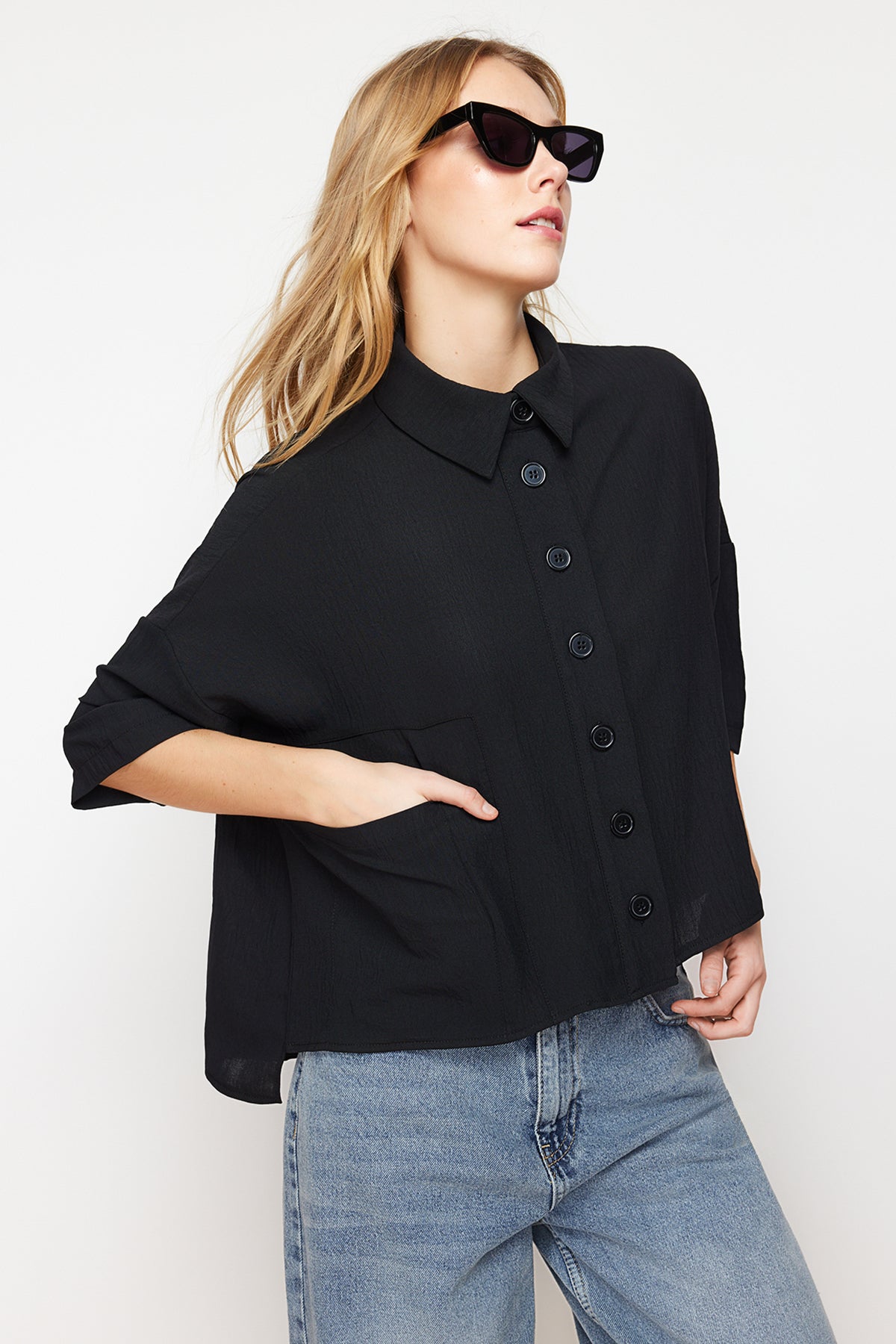 Black oversized relaxed fit cut-in sleeve woven shirt