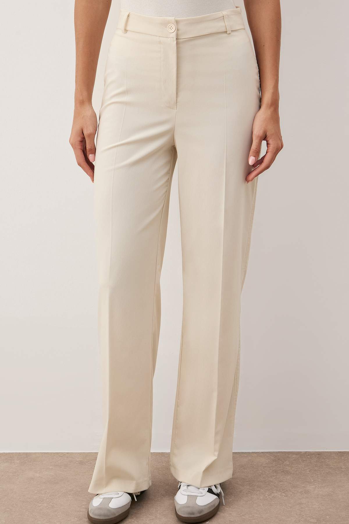Beige Wide Leg High Waist Woven Fabric Trousers