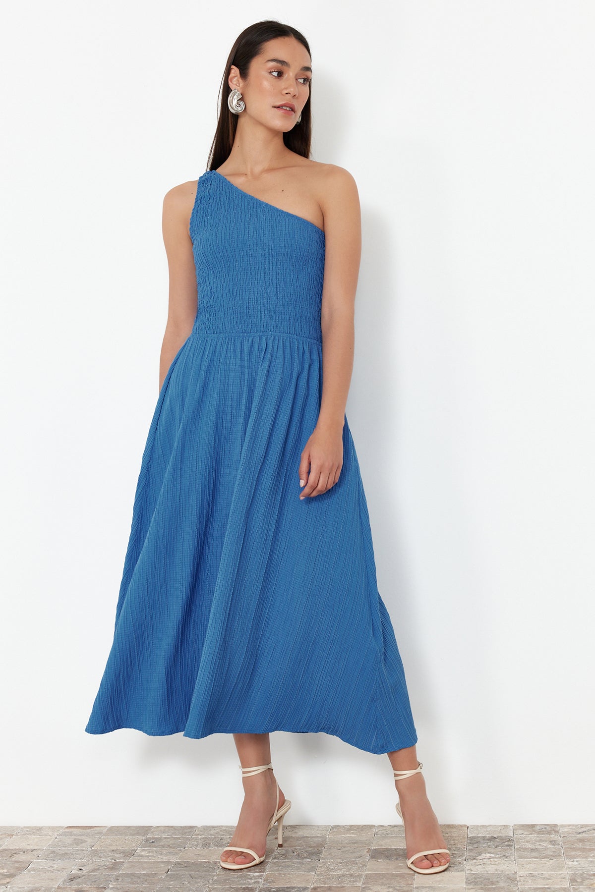 Sax Blue Boned Bodice One Shoulder Waist-Flared Midi Woven Dress