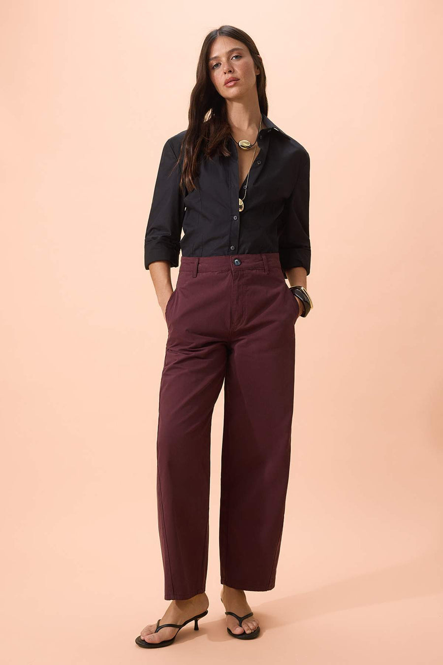 Burgundy gabardine thick soft touch barrel trousers