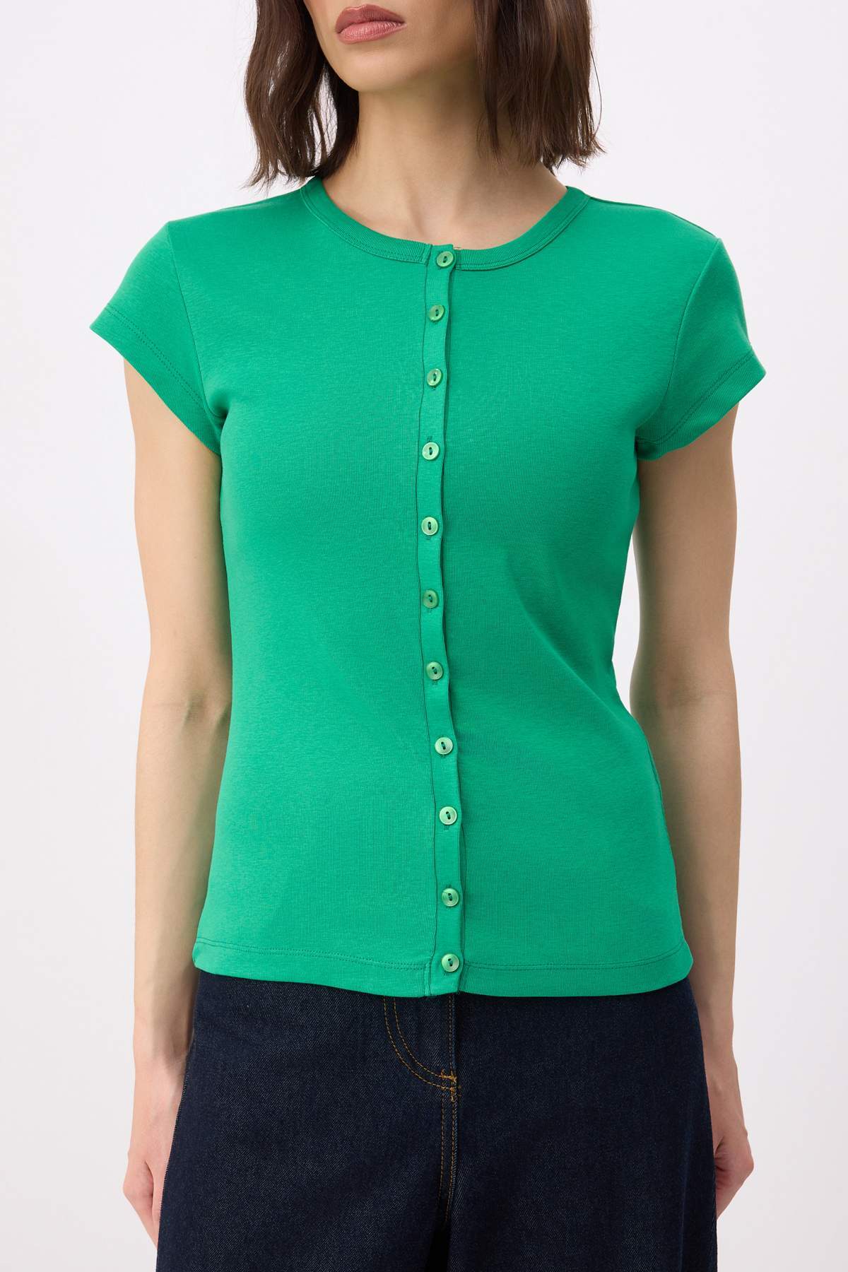 Green Buttoned Fitted Knit Blouse