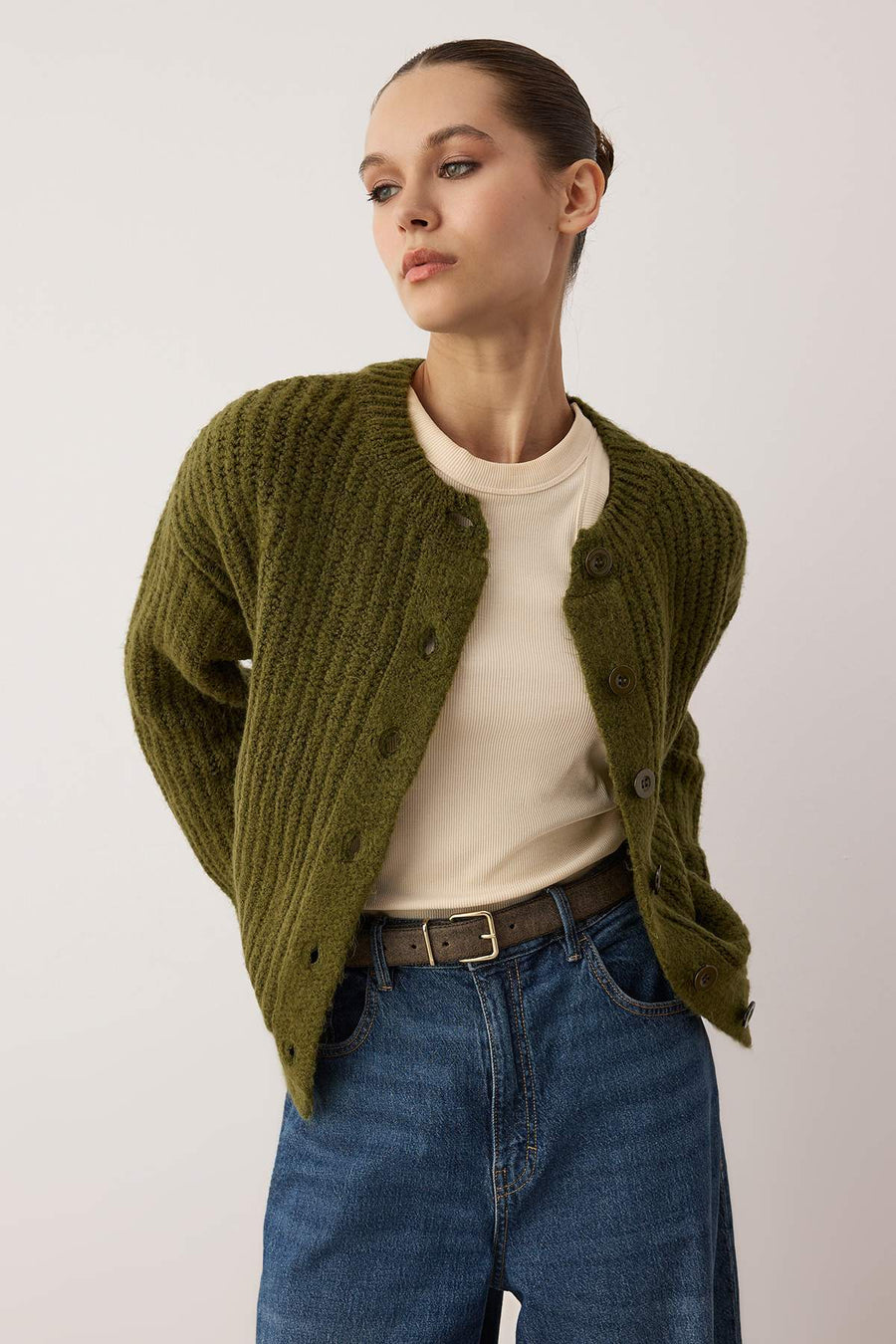 Wardrobe Essentials Khaki Soft Textured Basic Knit Cardigan
