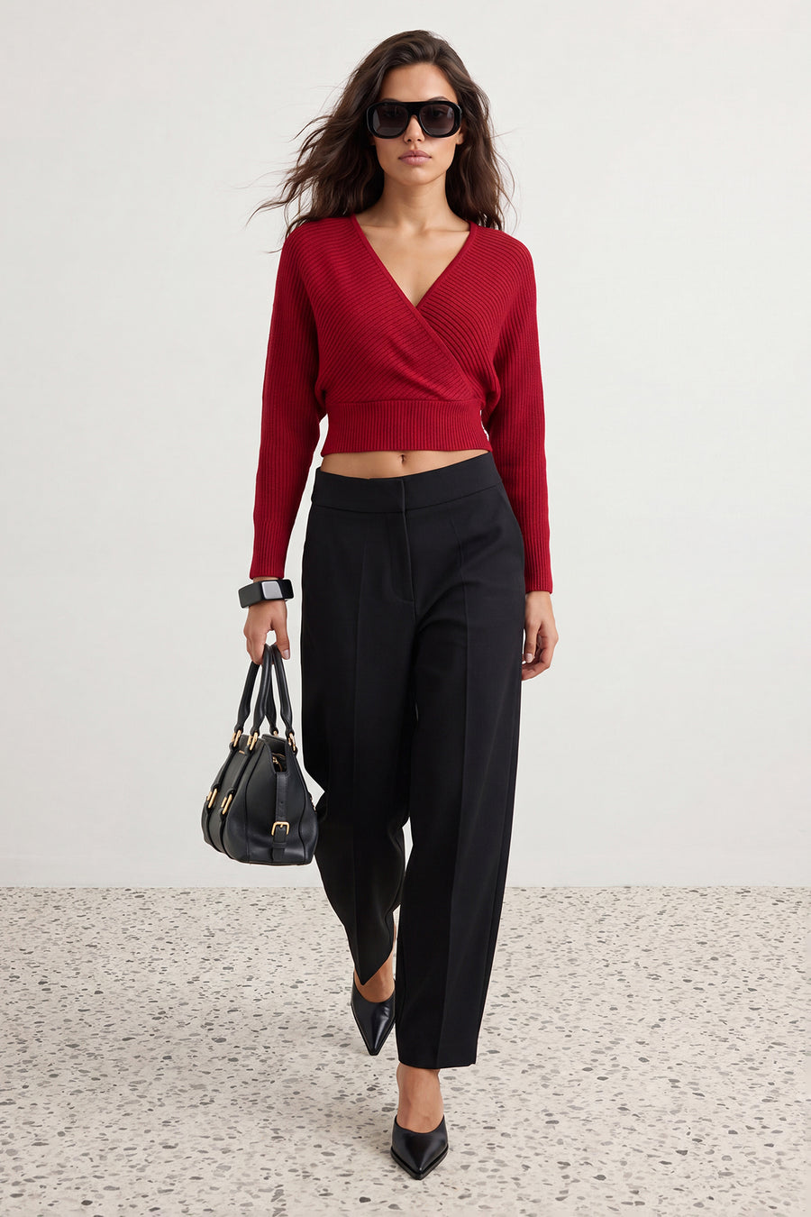 Red Double-Breasted Balloon Sleeve Knitwear Jumper