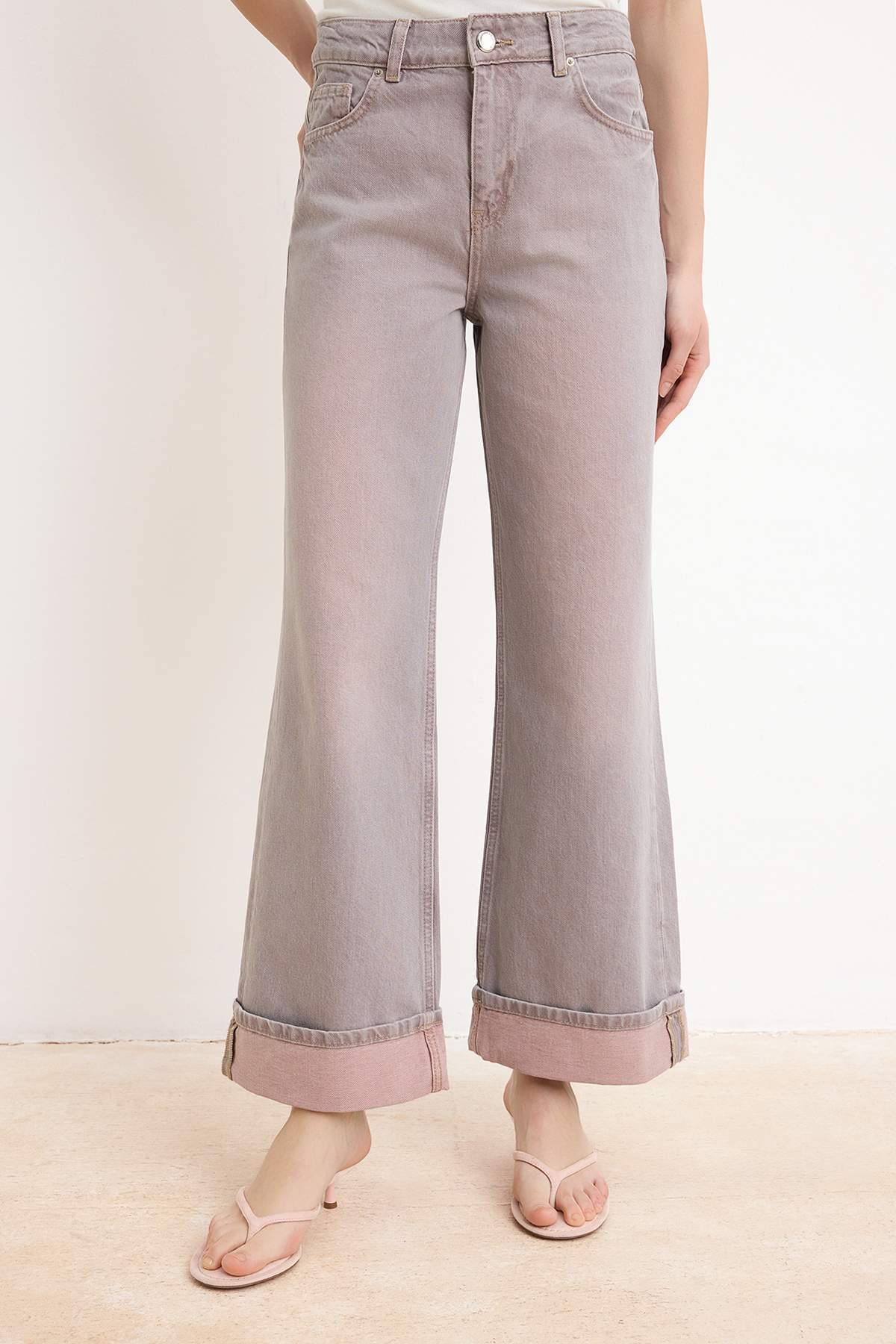Pink Cuffed Leg Vintage Washed High Waist Wide Leg Jeans