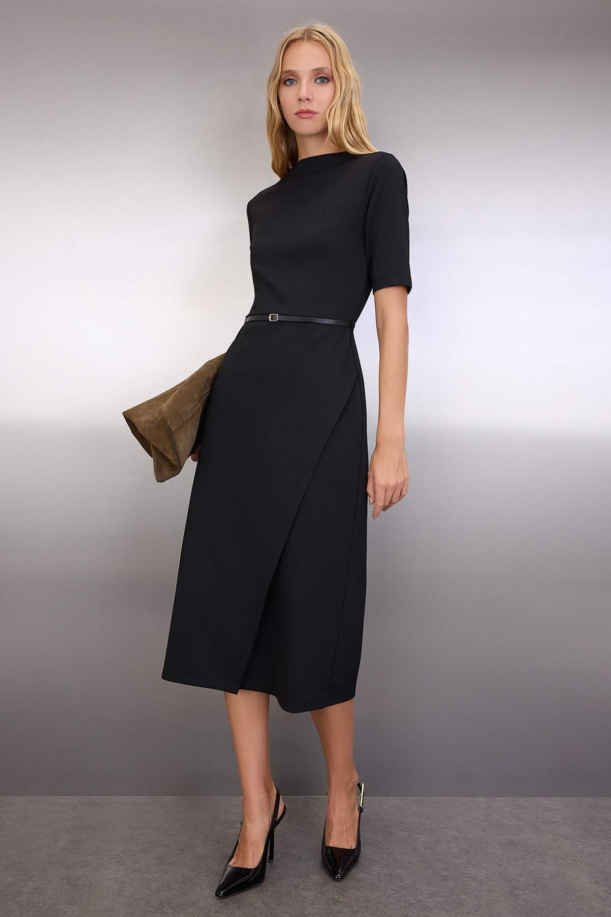 Black Midi Belted Three-Quarter Sleeve Knit Dress