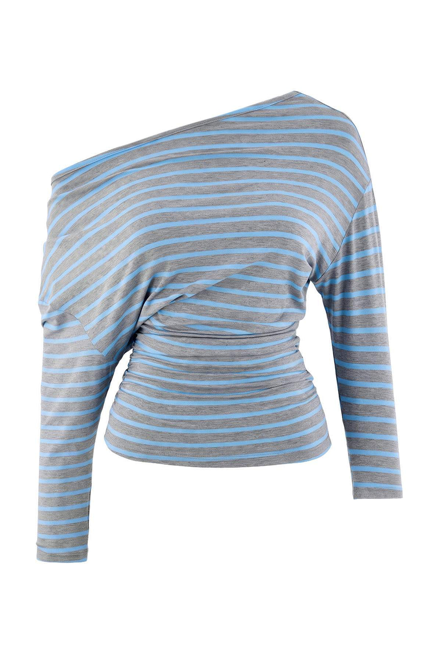 Heather grey and blue striped asymmetric neck ruched waist knit t-shirt