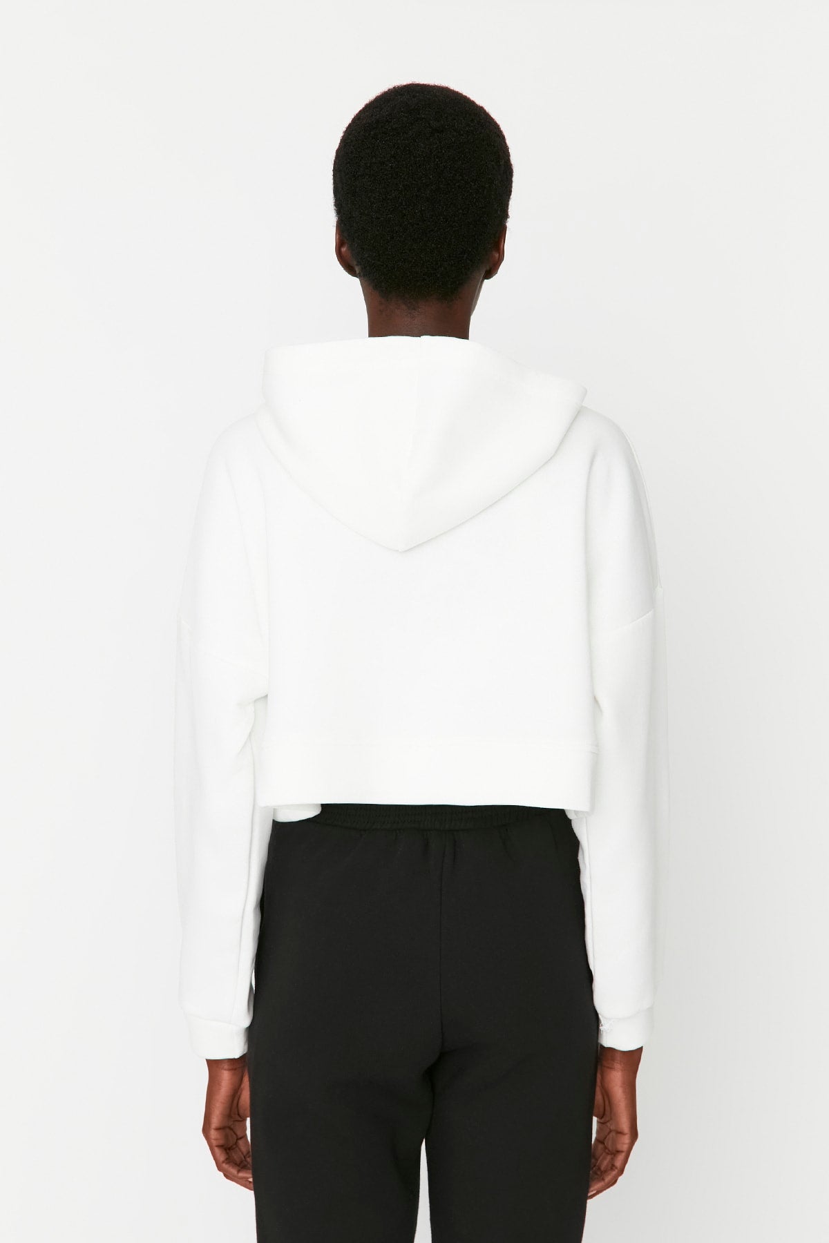 Ecru Basic Zipped Hooded Cropped Thick Fleece-Lined Knit Cardigan/Sweatshirt