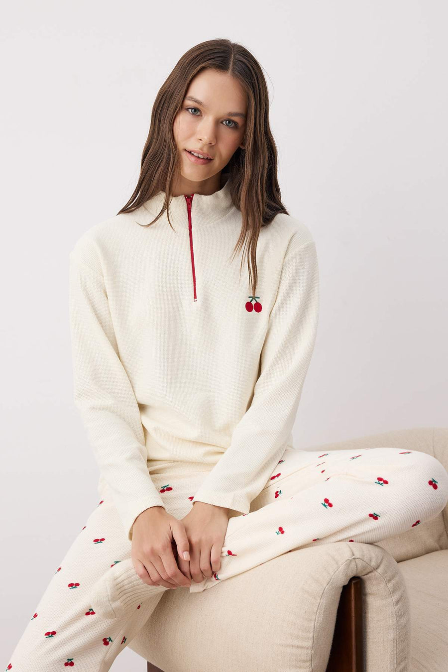 Ecru-Red Cherry Print Zipped Soft Waffle Knit Pyjama Set