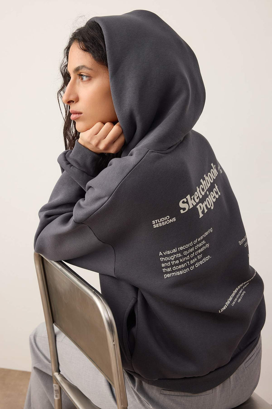 Charcoal Thick Fleece Lined Hooded Slogan Print Boxy Fit Knit Sweatshirt