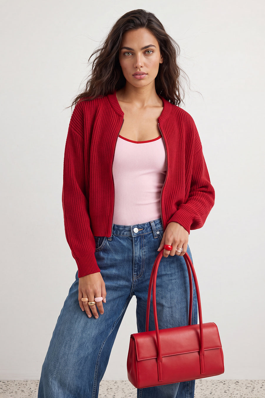 Dark Red Relaxed Fit Bomber Collar Zipped Knit Cardigan