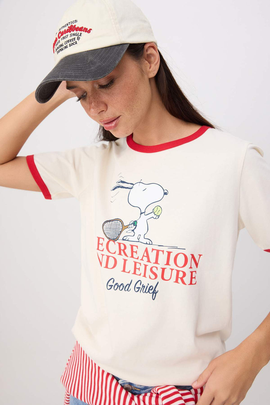 Ecru licensed Snoopy regular fit short sleeve firm 100% cotton knit t-shirt