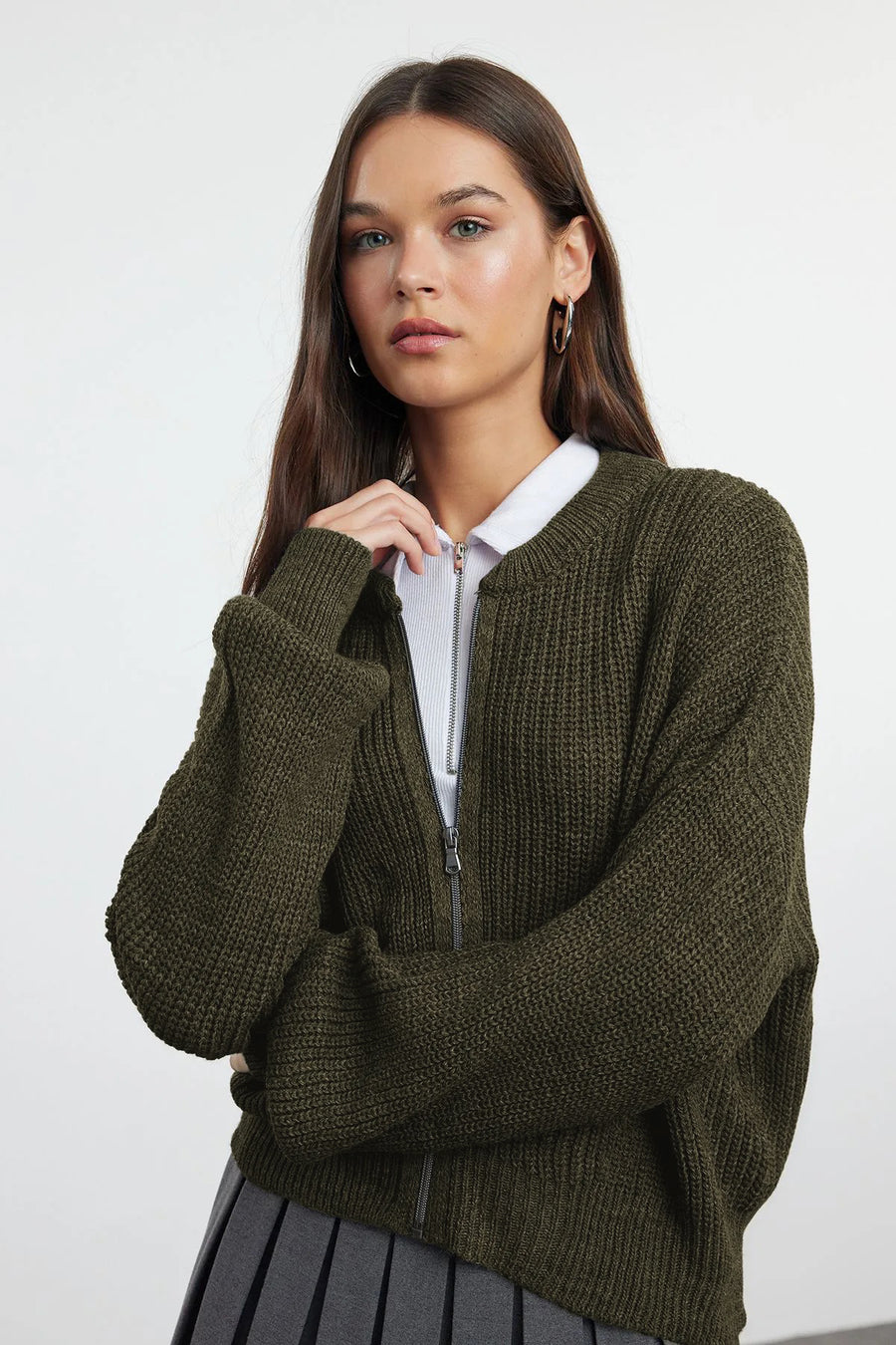 Khaki Relaxed Fit Bomber Collar Zipped Knit Cardigan
