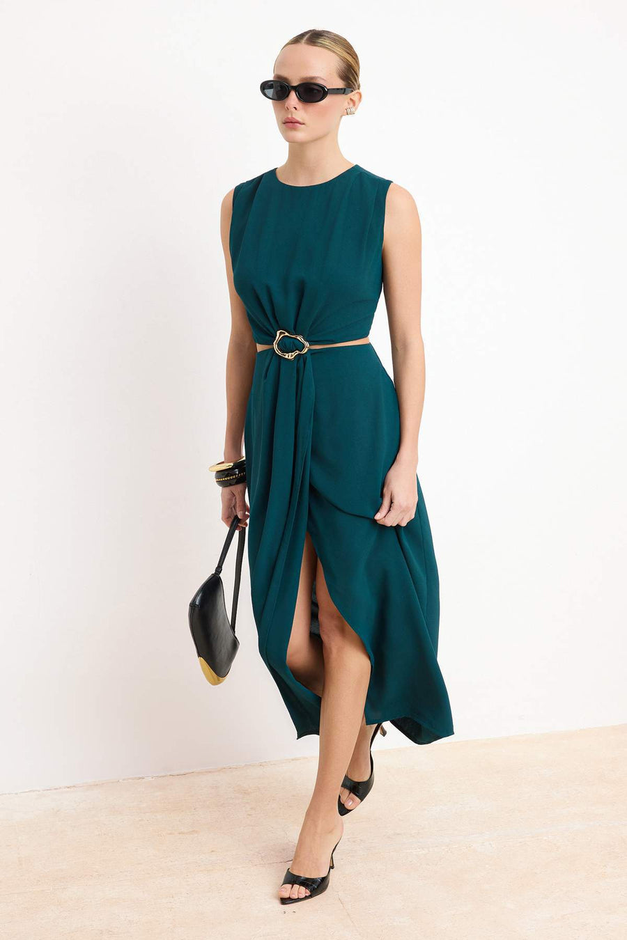 Teal Plain A-Line Accessory Detail Maxi Woven Dress