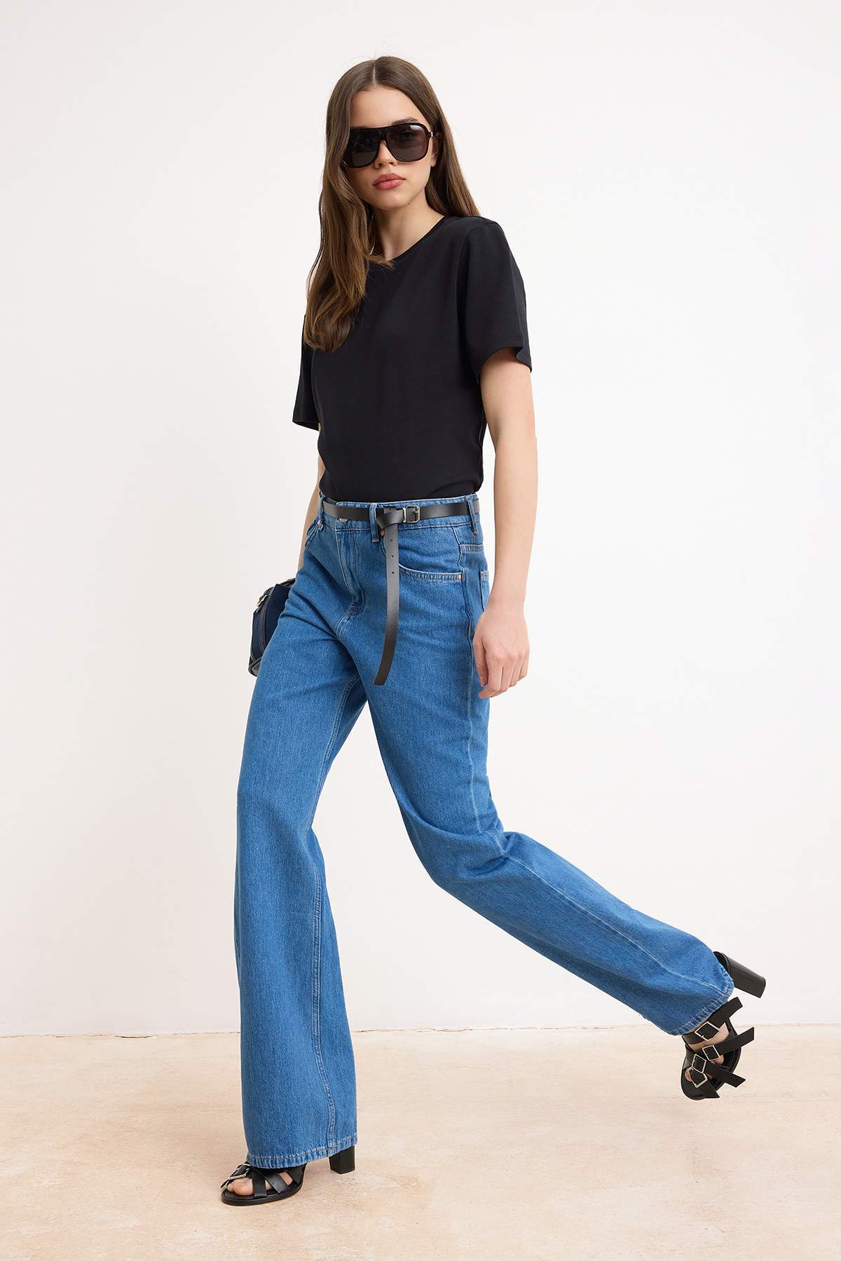 Blue Draped High Waist 100% Cotton Wide Leg Jeans