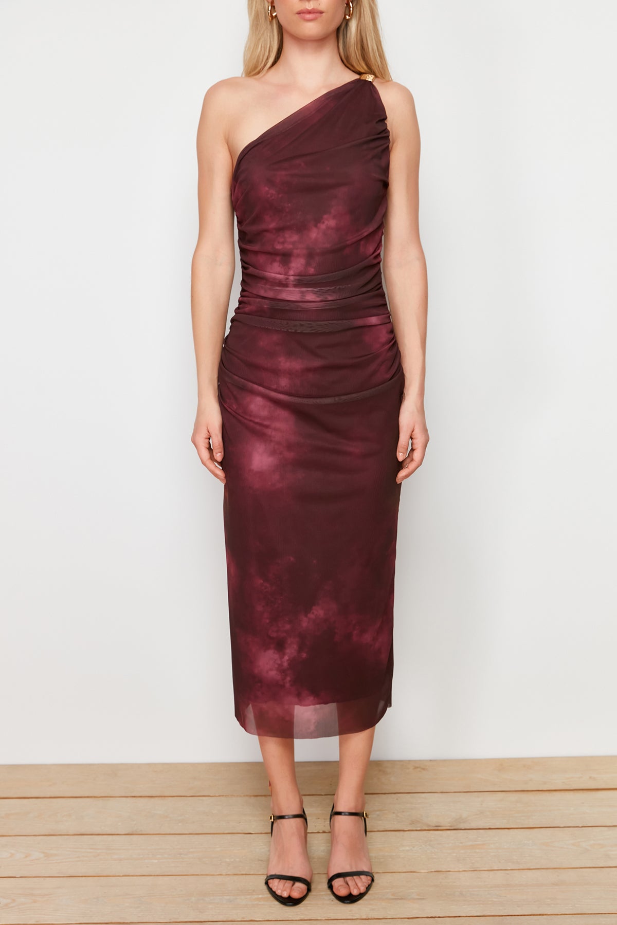 Burgundy One Shoulder Fitted Accessory Detailed Tulle Stretch Knit Midi Pencil Dress