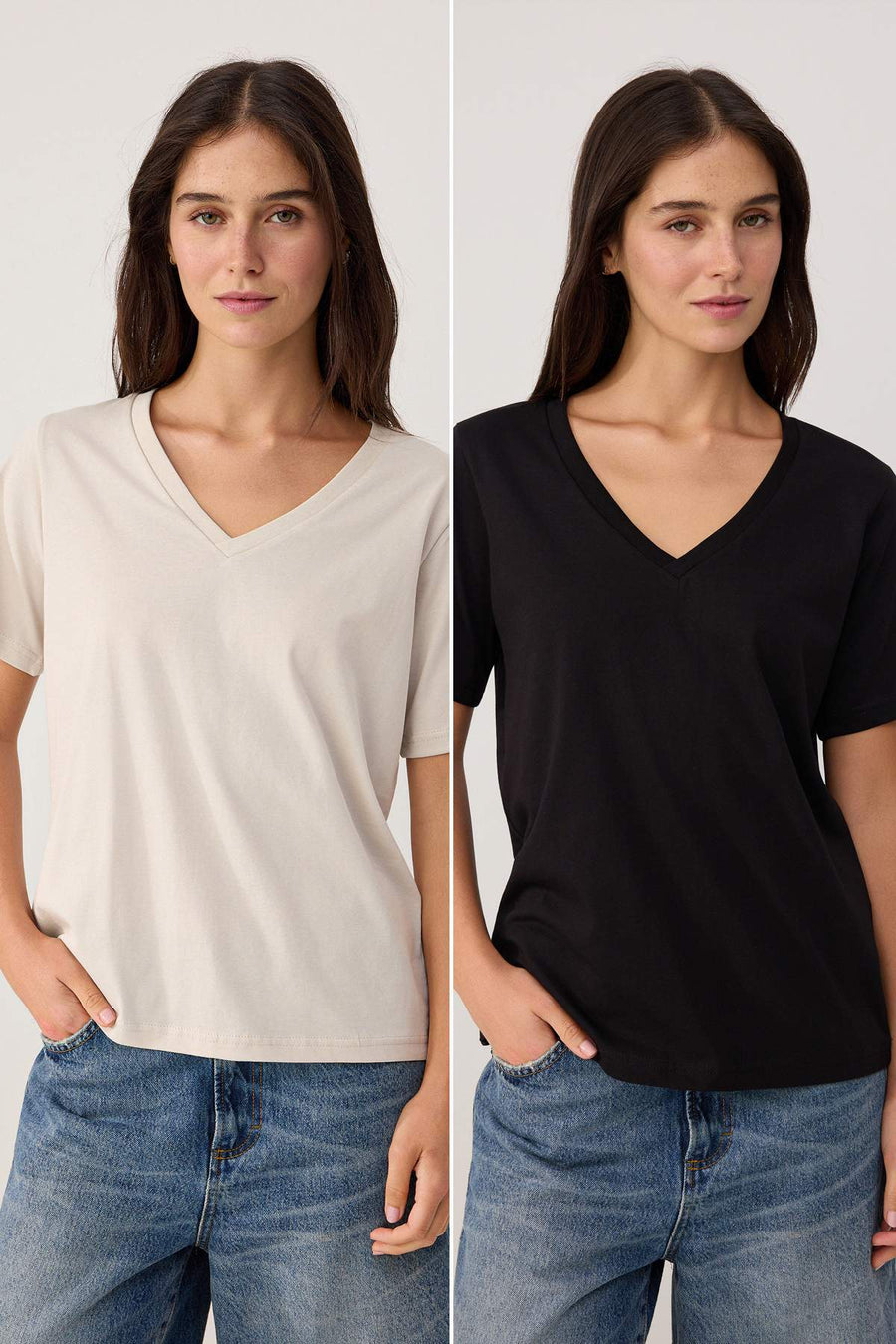 Stone and black 100% cotton 2-pack regular fit basic V-neck knit t-shirt