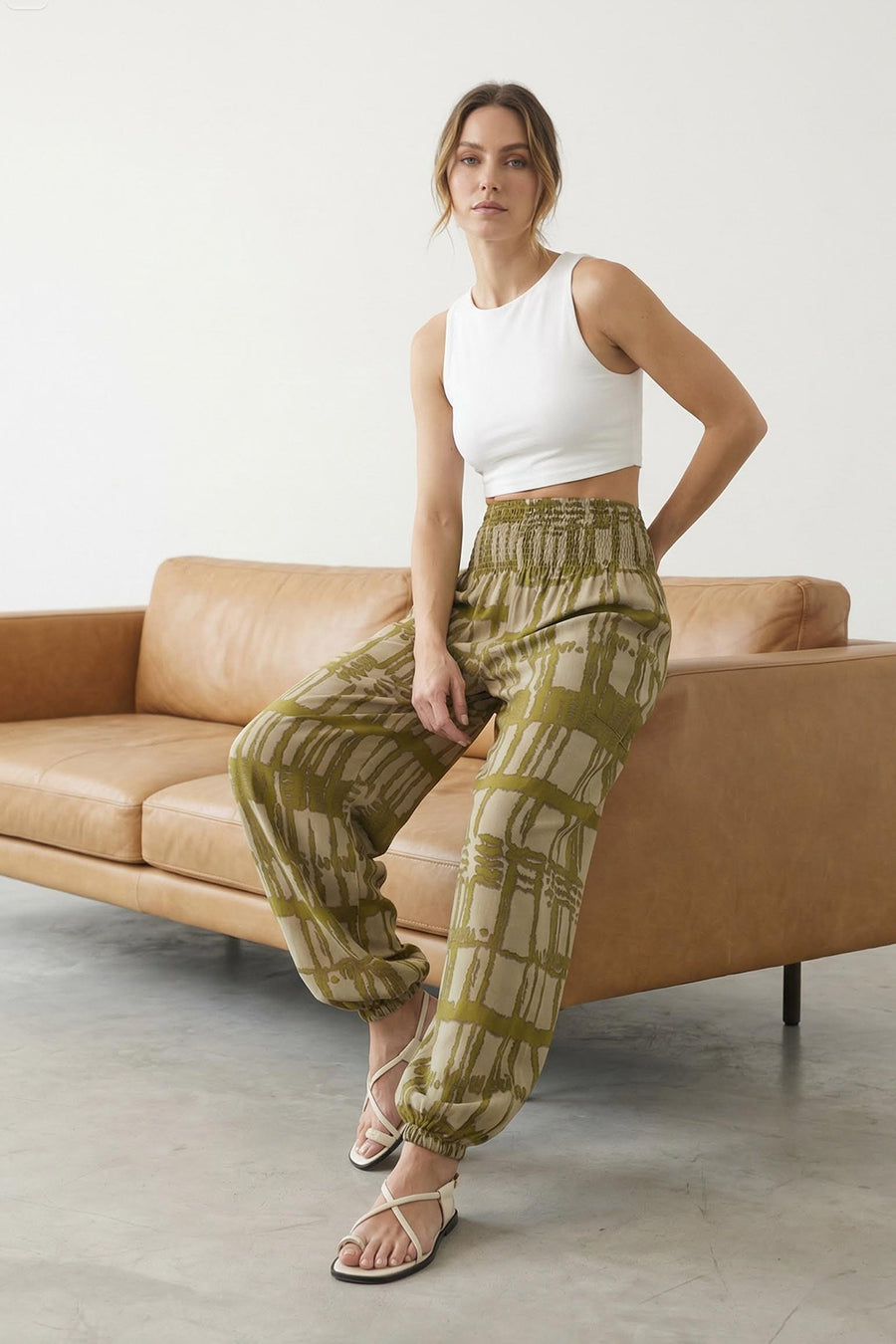 Khaki ethnic patterned elasticated leg harem style woven trousers