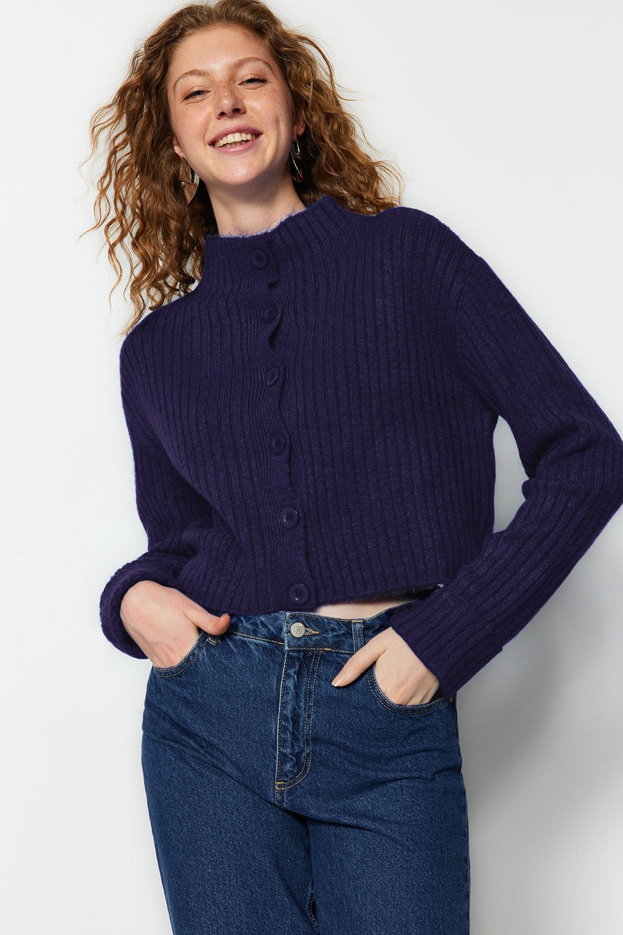 Navy Cropped Soft Textured Stand Collar Knit Cardigan