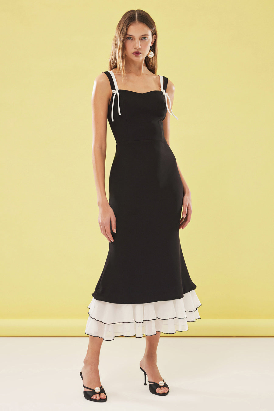 Black-White Hem Detail Bow Wedding/Civil Ceremony Evening Graduation Dress