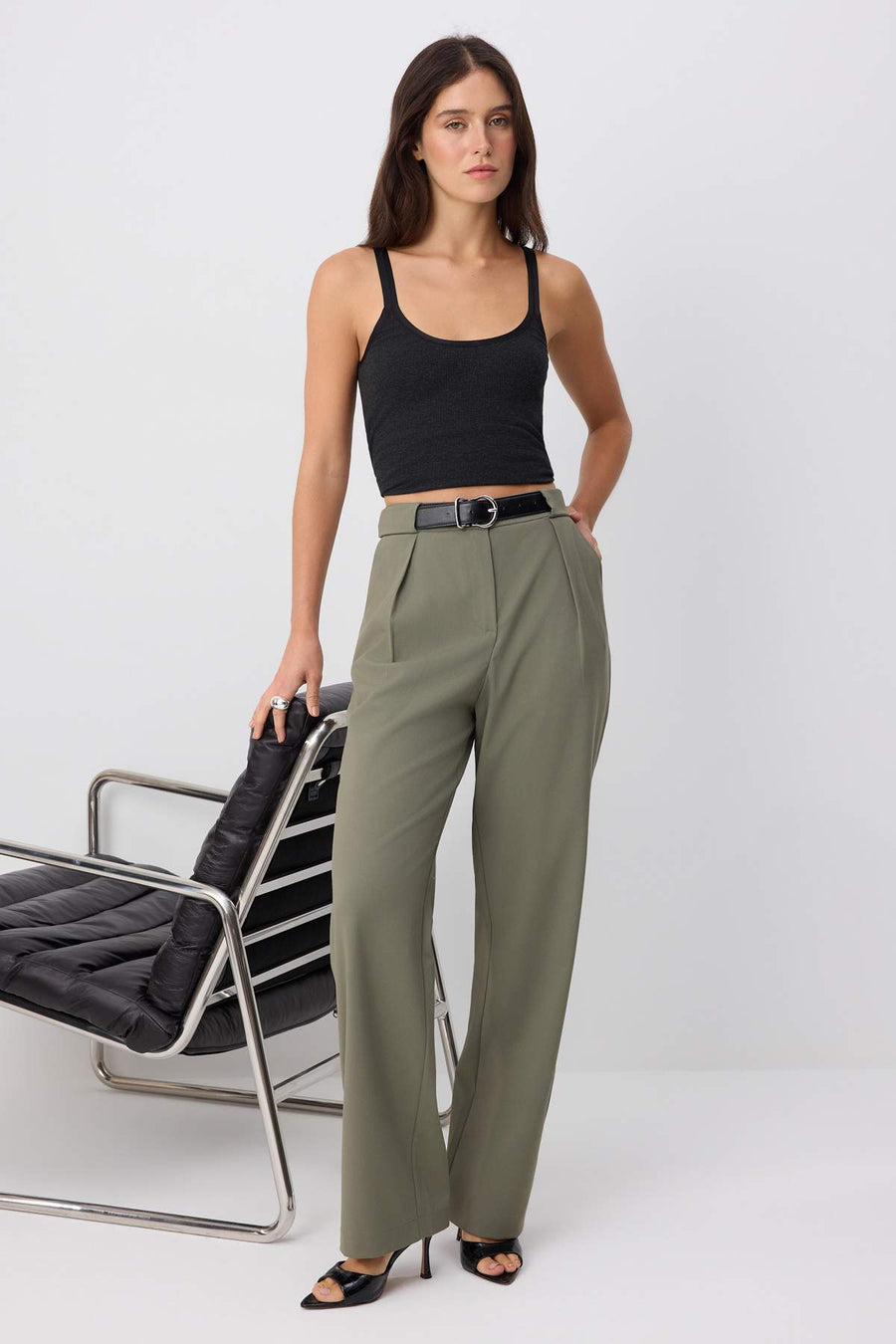Light Khaki Belted Straight Cut Woven Fabric Trousers