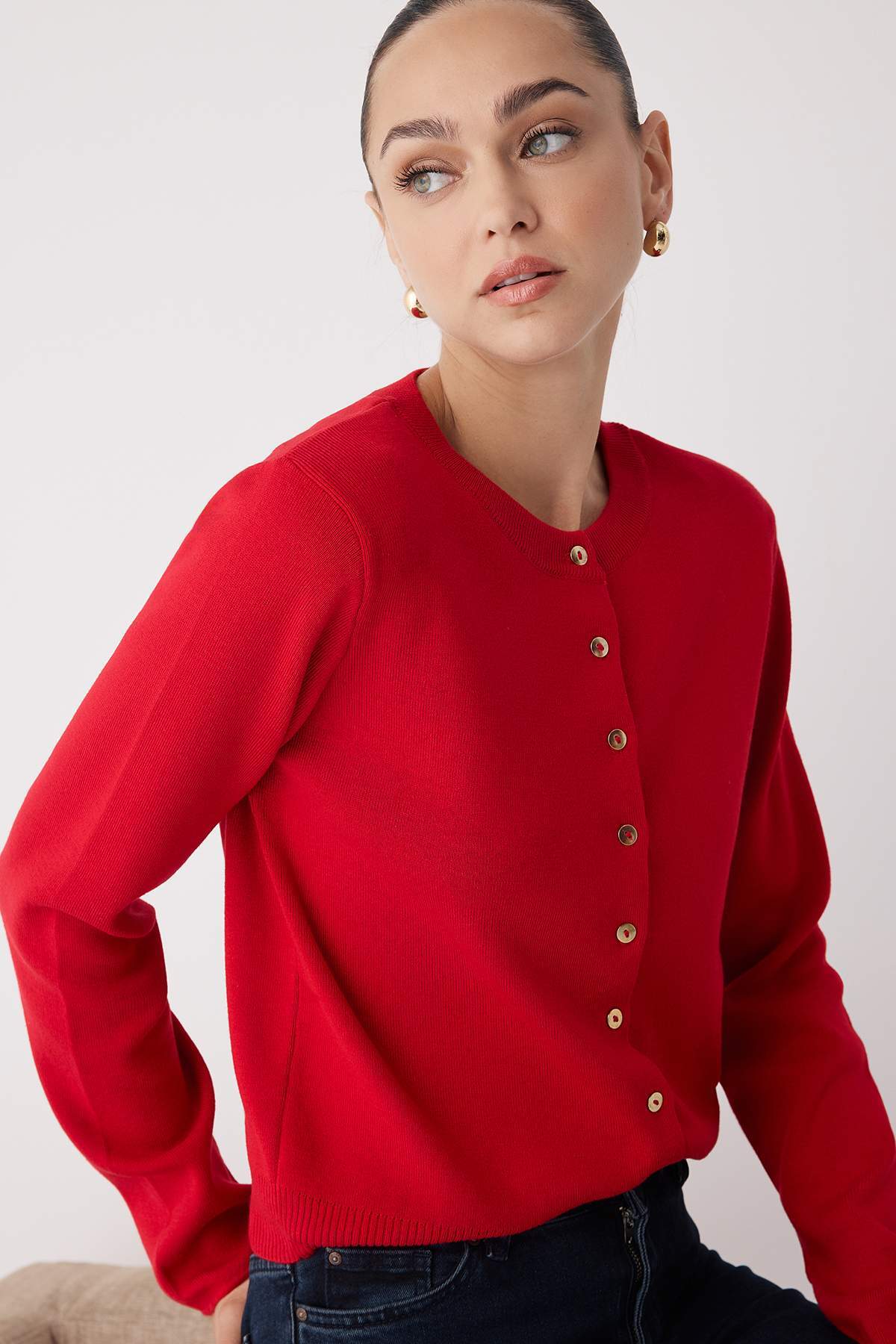 Wardrobe Essentials Red Buttoned Cotton Basic Knit Cardigan