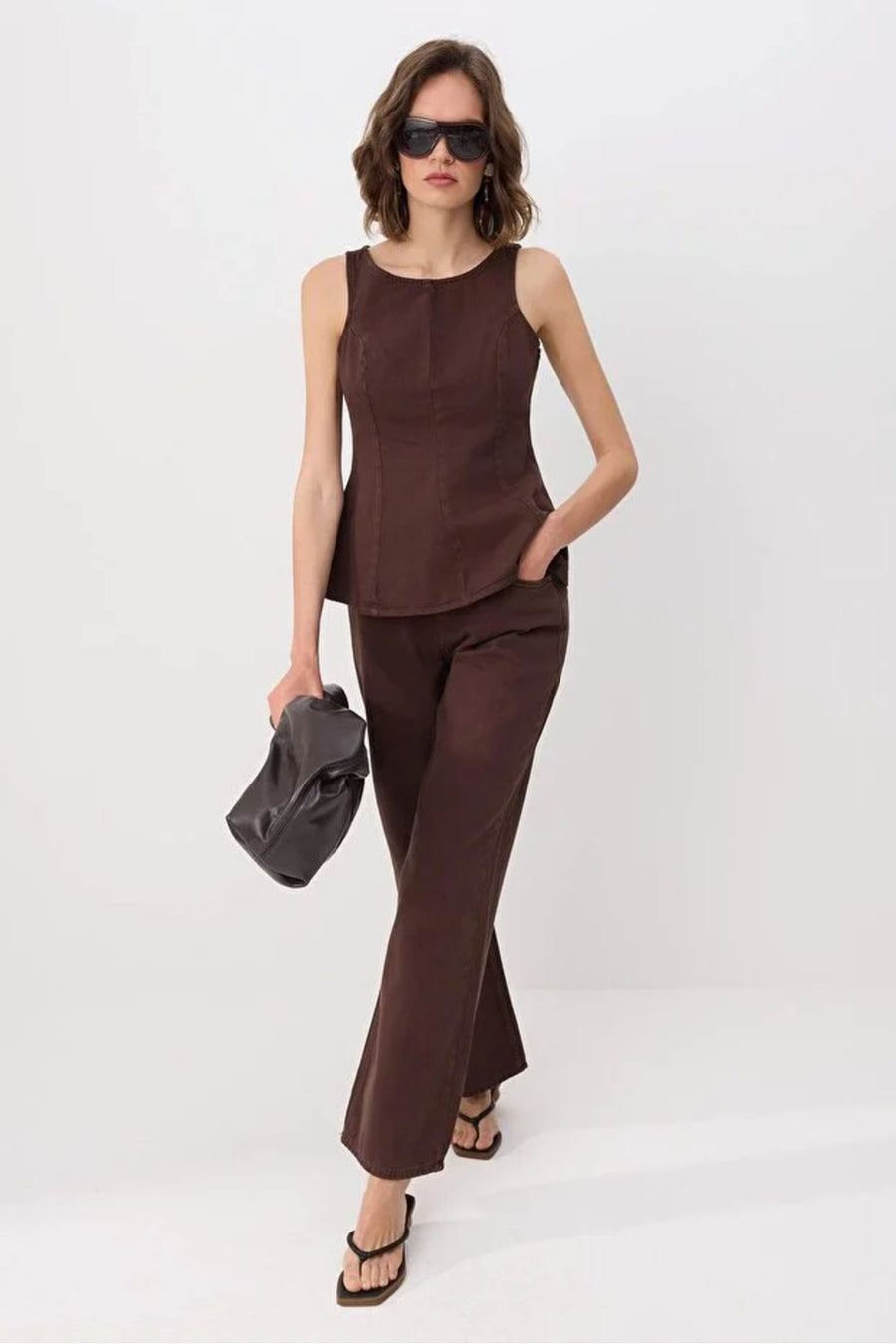 Brown Draped High Waist 100% Cotton Wide Leg Jeans