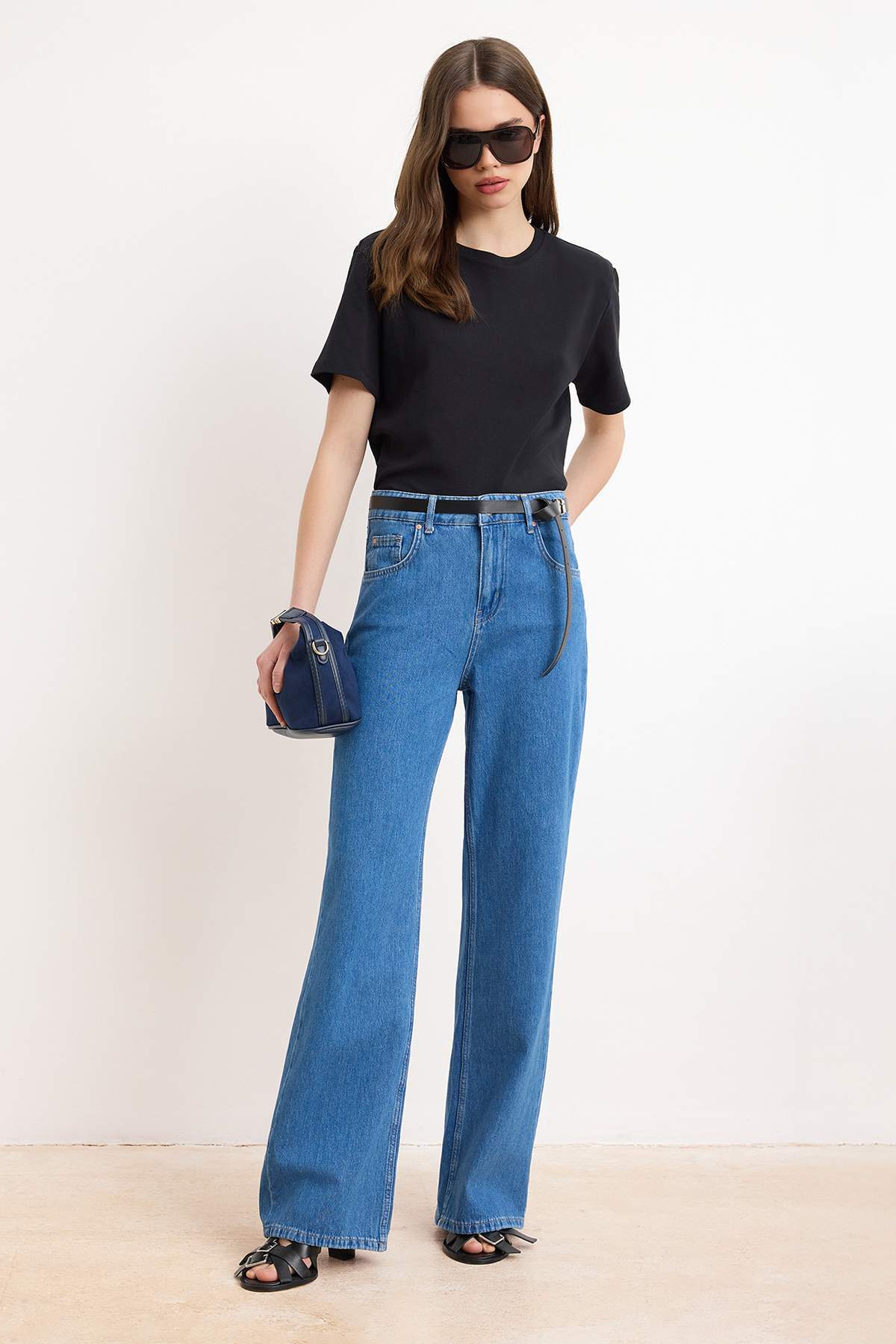 Blue Draped High Waist 100% Cotton Wide Leg Jeans
