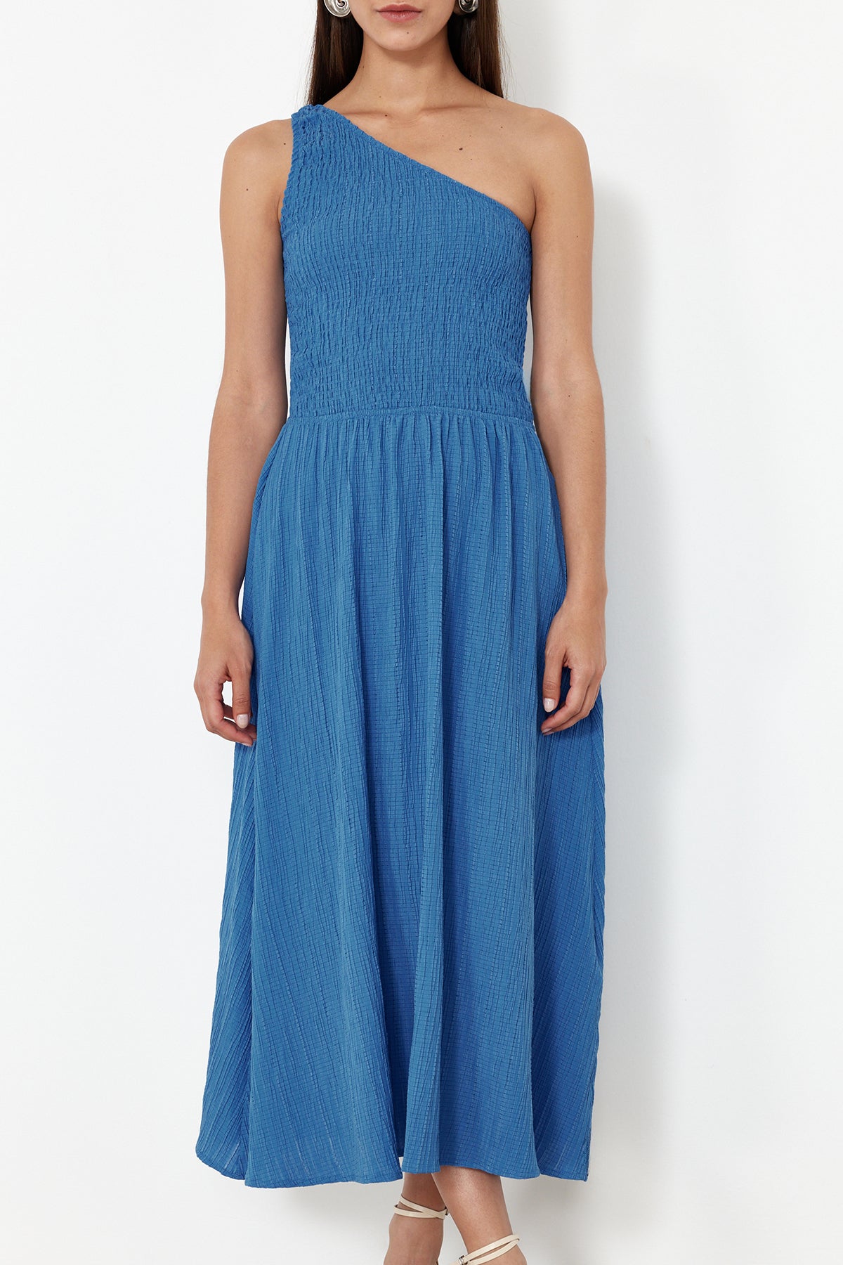 Sax Blue Boned Bodice One Shoulder Waist-Flared Midi Woven Dress