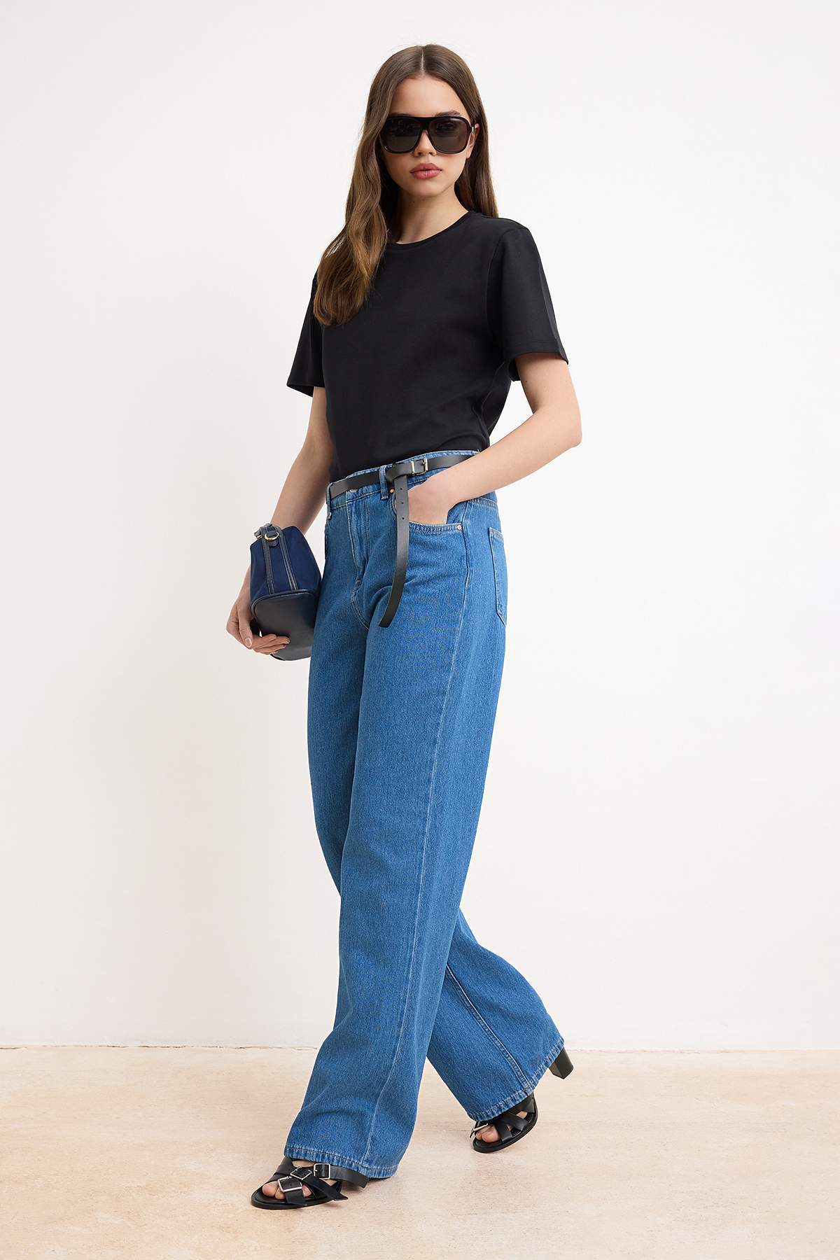 Blue Draped High Waist 100% Cotton Wide Leg Jeans