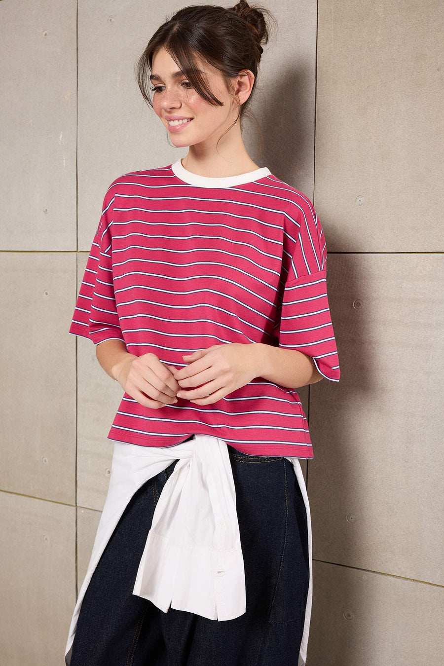 Teen Red Striped Boxy/Relaxed Fit Short Sleeve Knit T-Shirt
