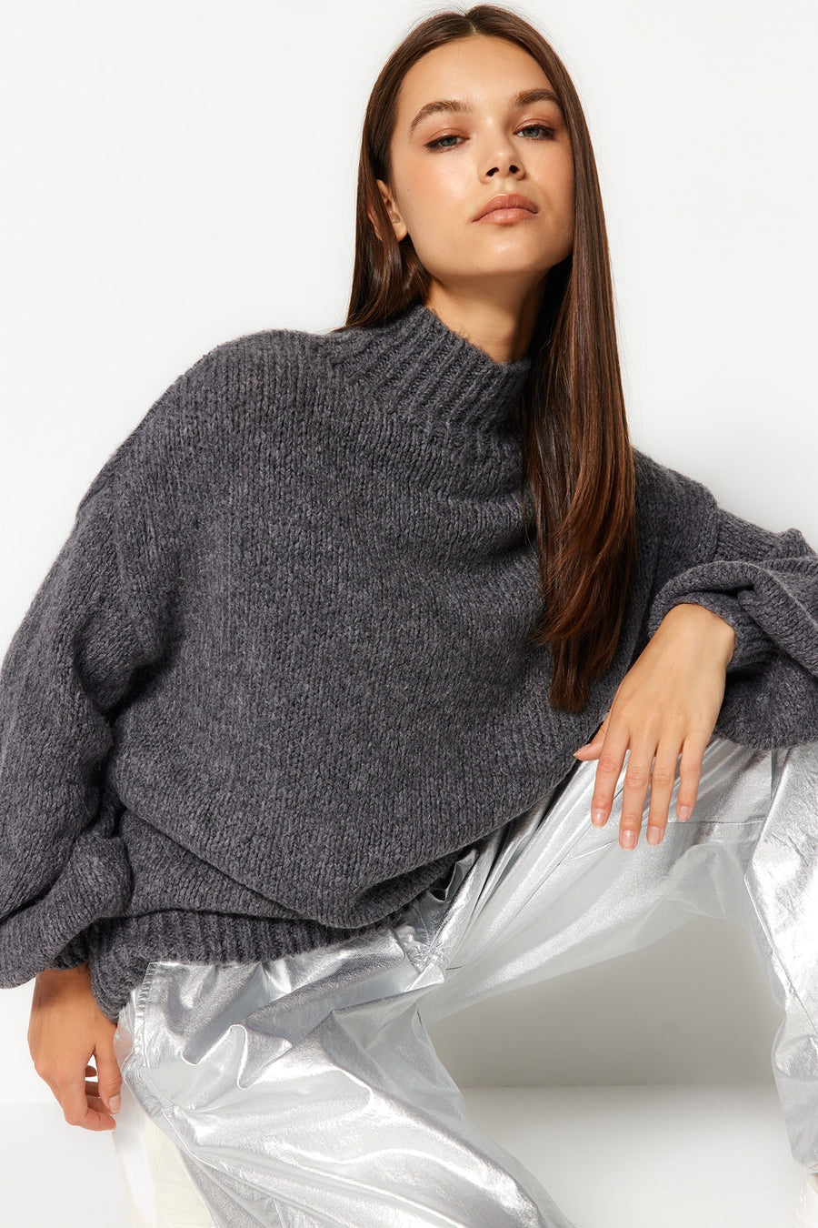 Charcoal Soft Textured Chunky Crew Neck Knit Jumper