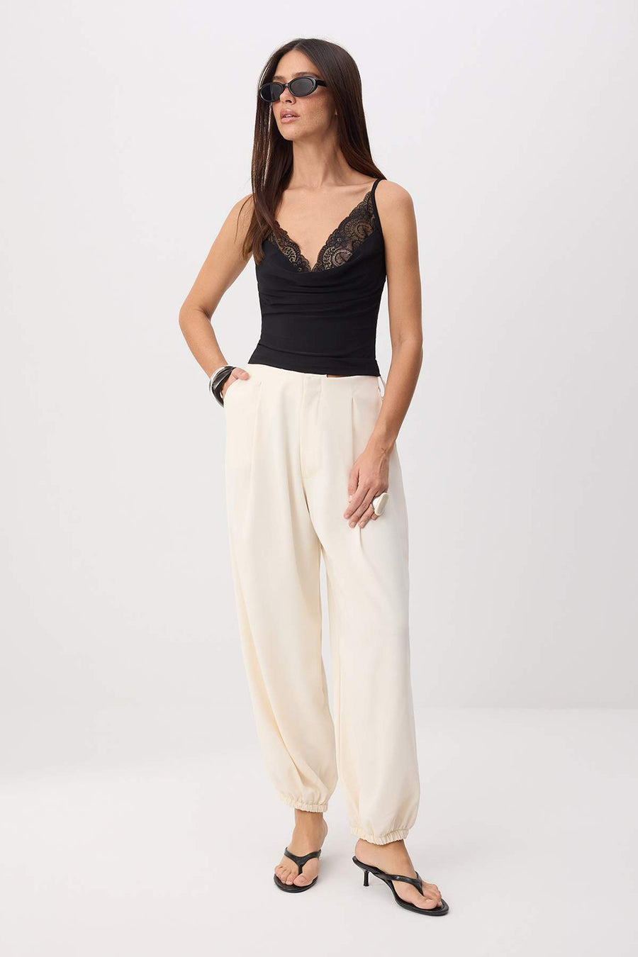 White High Waist Woven Harem Trousers
