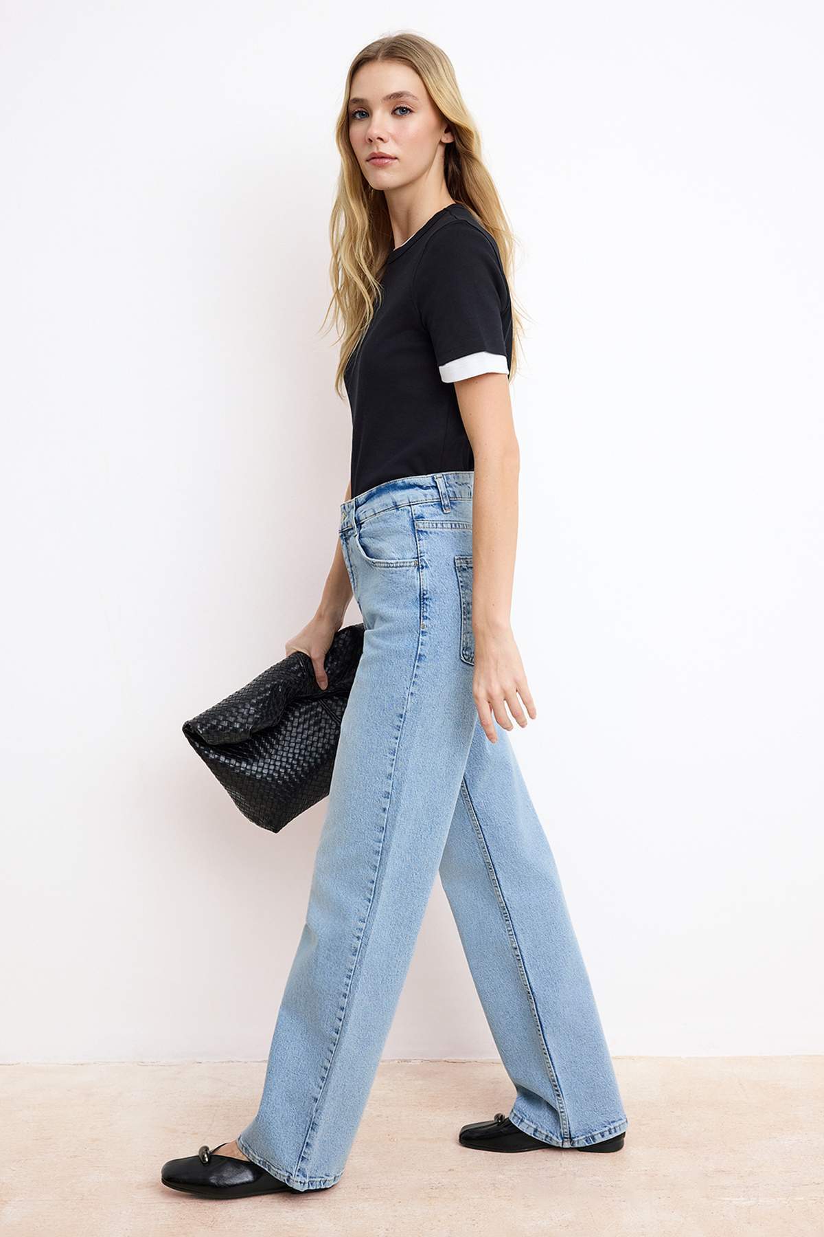 Blue High Waist 100% Cotton Wide Leg Jeans