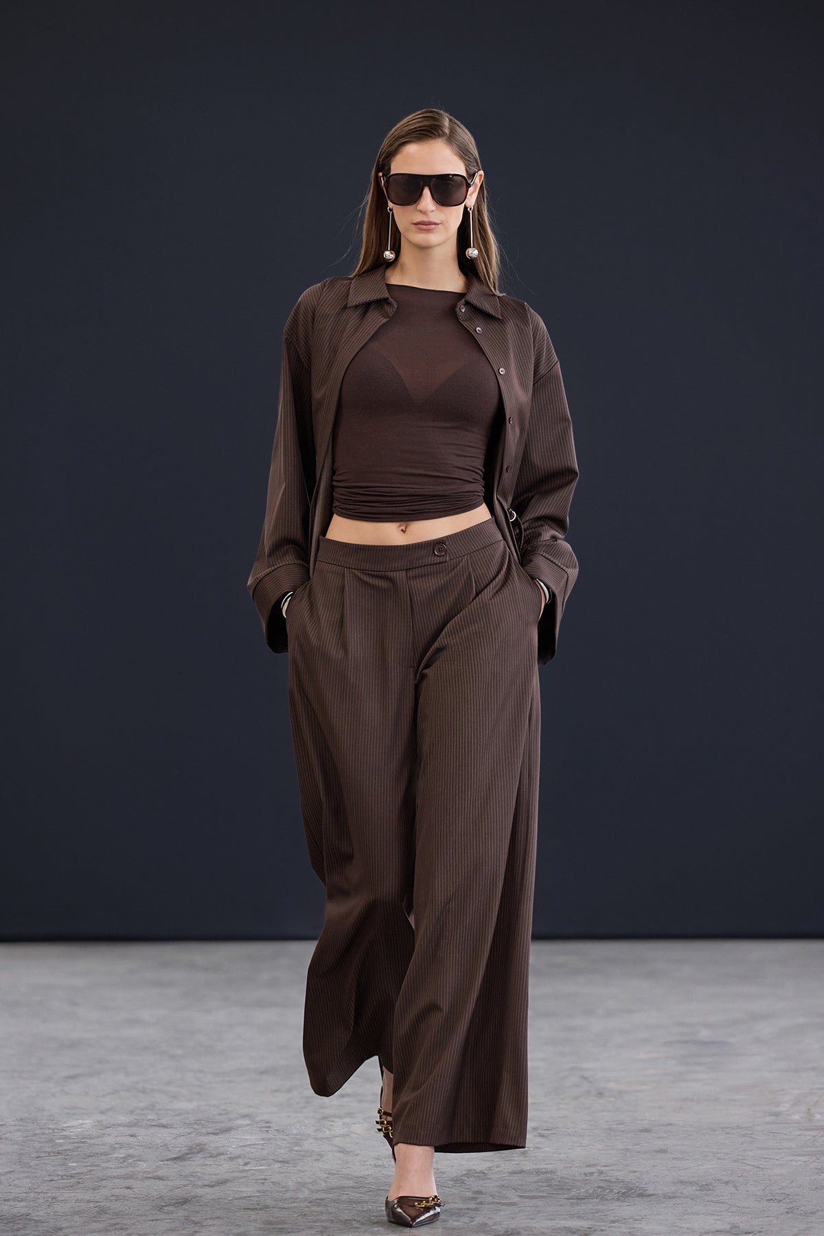 Brown Extra Wide Leg Striped Trousers