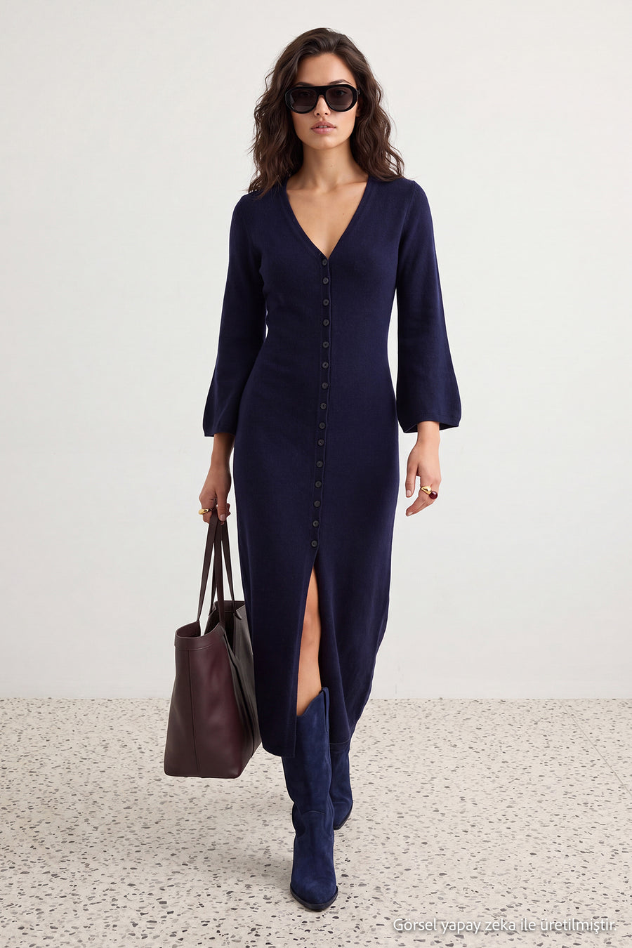 Navy Soft Textured V-Neck Cardigan/Dress Dual Use Knit Cardigan