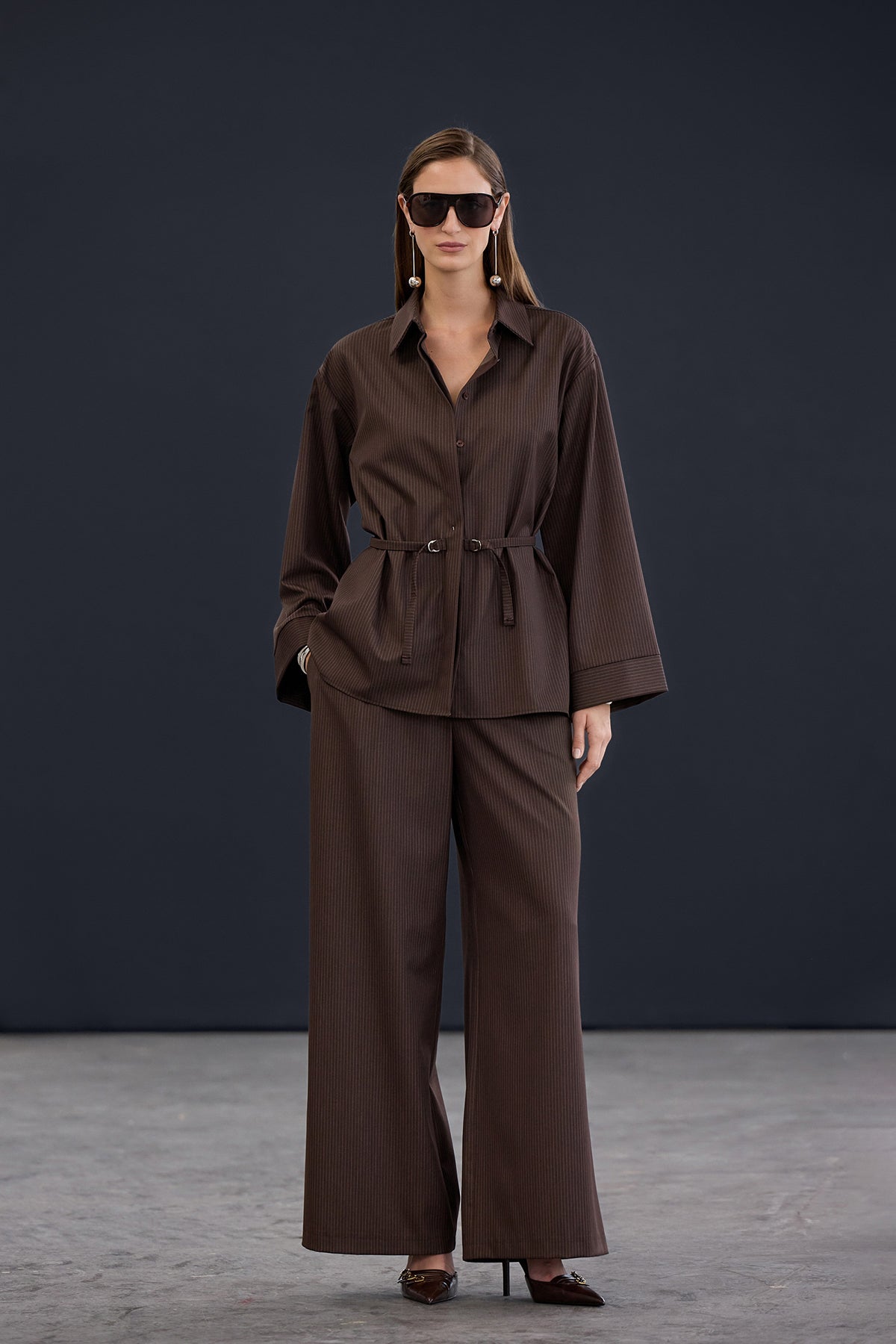 Brown Extra Wide Leg Striped Trousers