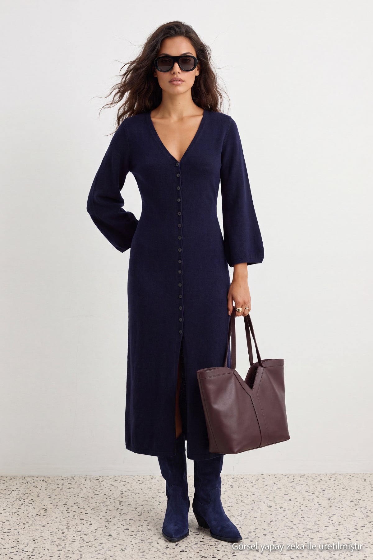 Navy Soft Textured V-Neck Cardigan/Dress Dual Use Knit Cardigan