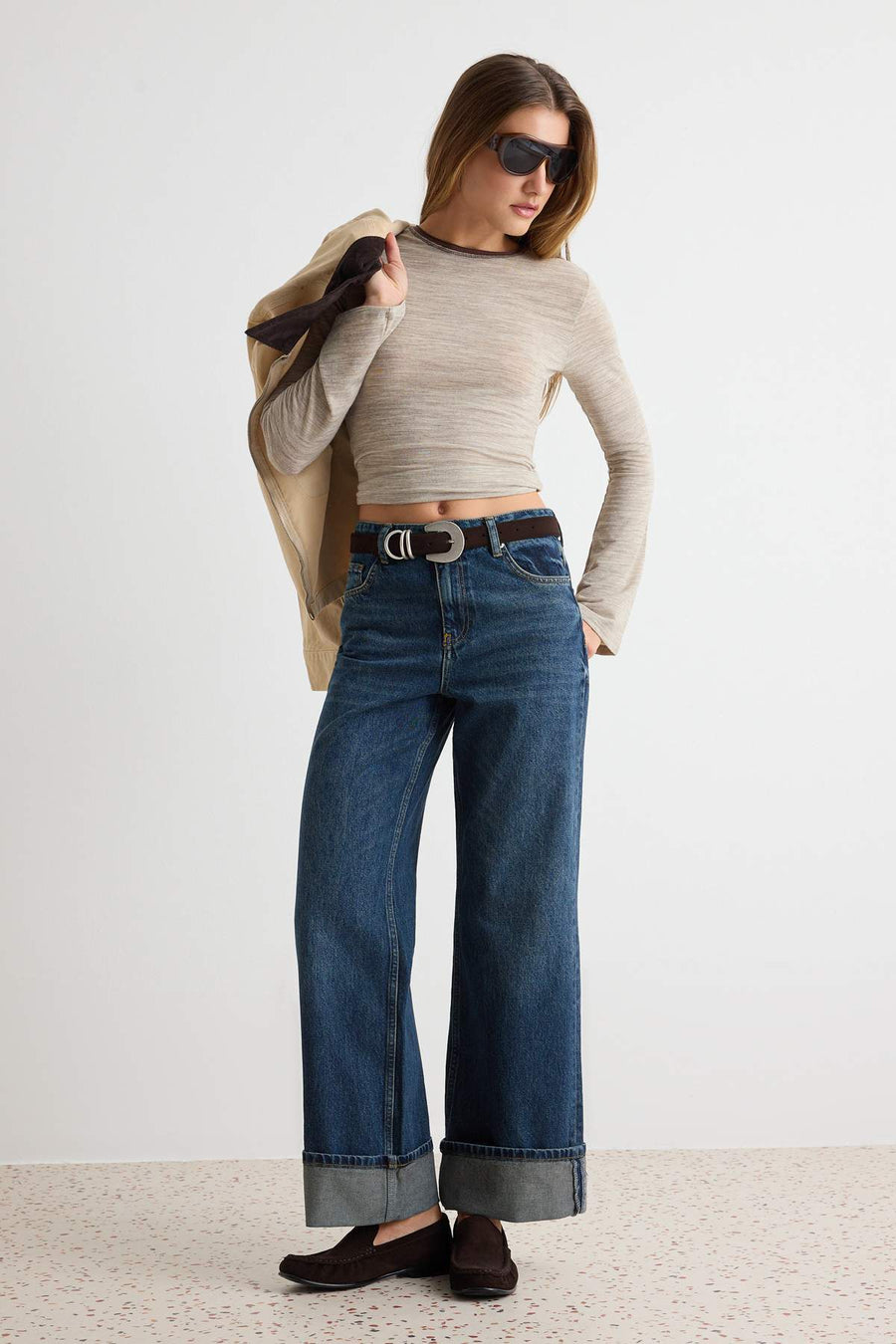 Blue 100% Cotton Cuffed Leg Normal Waist Wide Leg Jeans