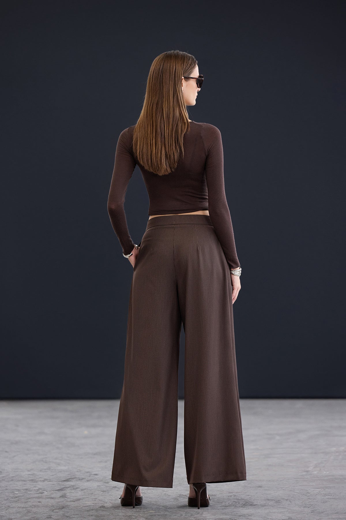 Brown Extra Wide Leg Striped Trousers