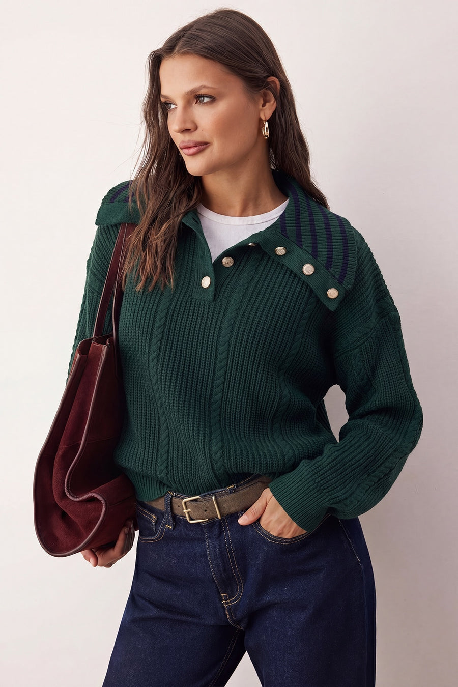 Dark Green Cable Knit Relaxed Fit Shawl Collar Knitwear Jumper