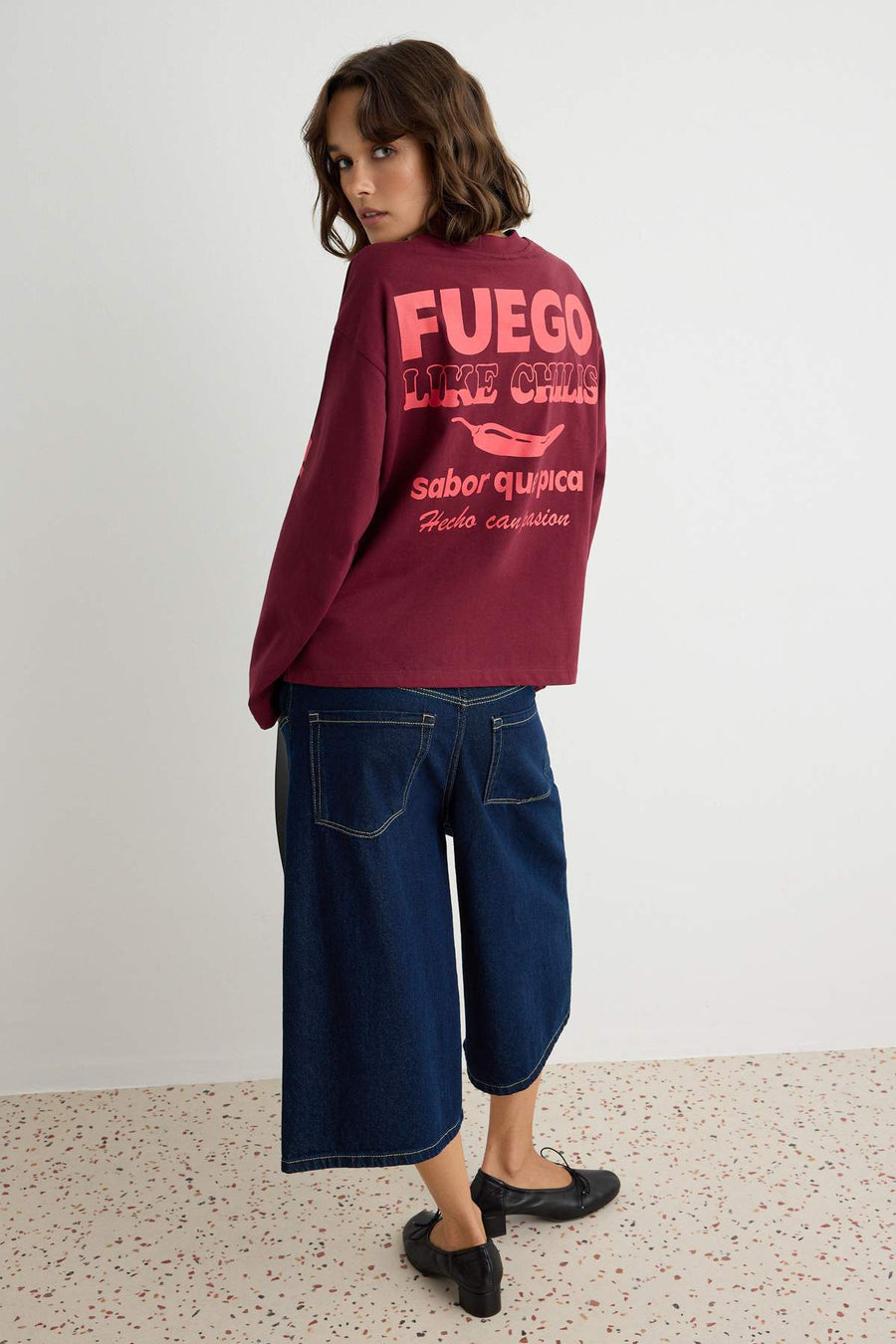 Burgundy Cotton Back Front and Sleeve Print Oversized Crew Neck Knit T-Shirt