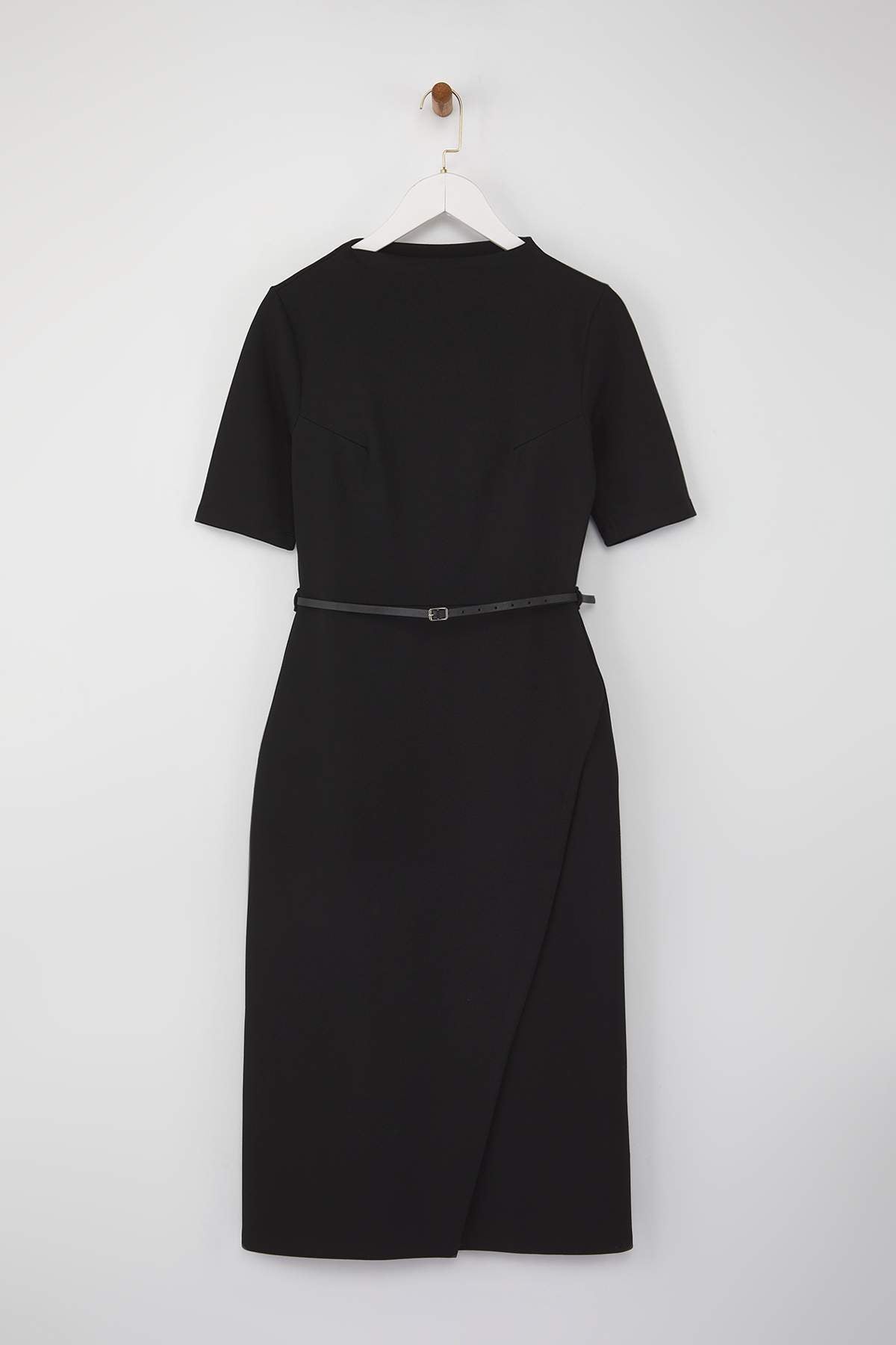 Black Midi Belted Three-Quarter Sleeve Knit Dress