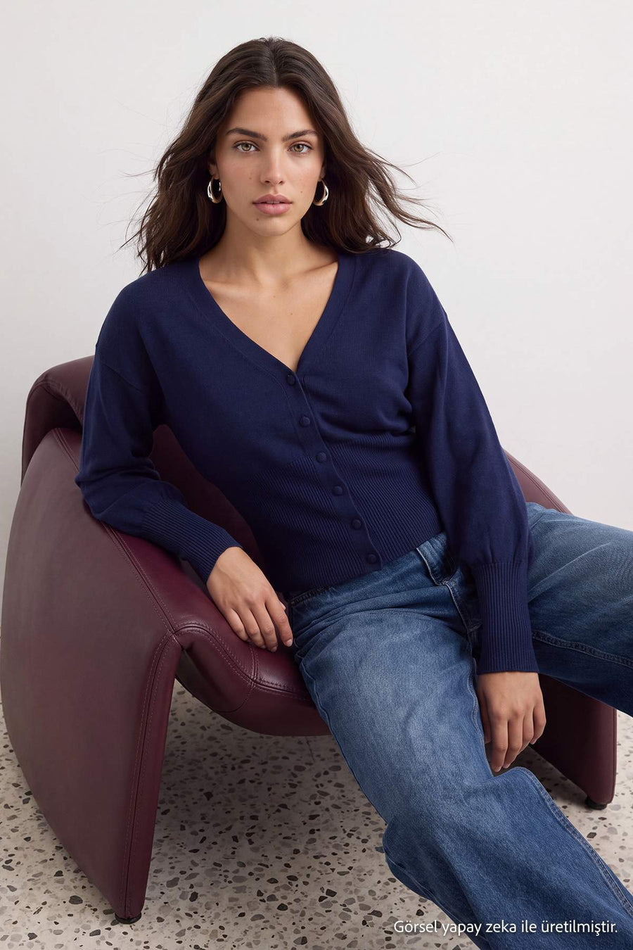 Navy Premium Yarn/Special Yarn Waist-Hugging Hem Knit Cardigan