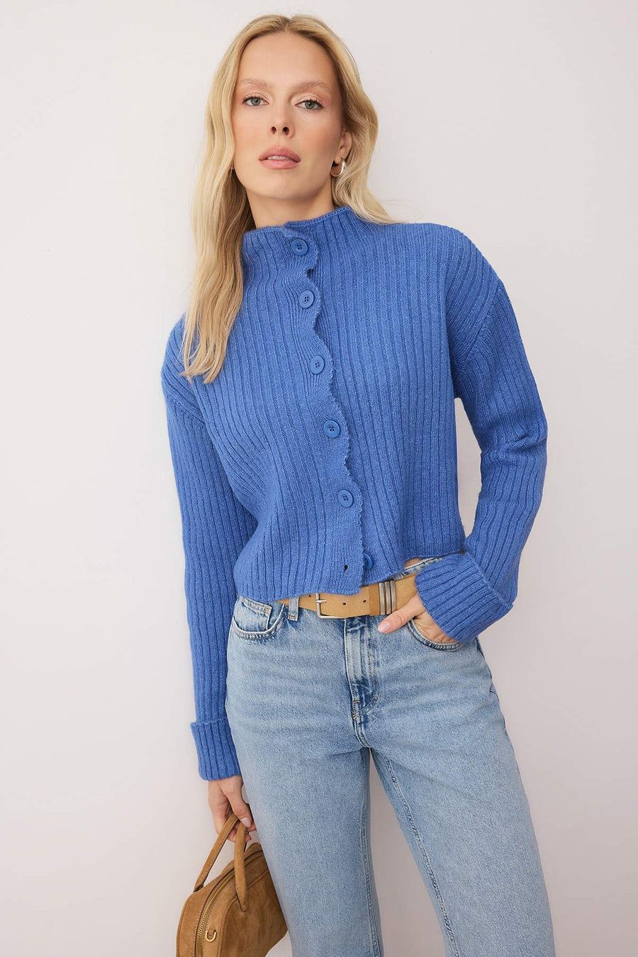 Blue Cropped Soft Textured Stand Collar Knit Cardigan