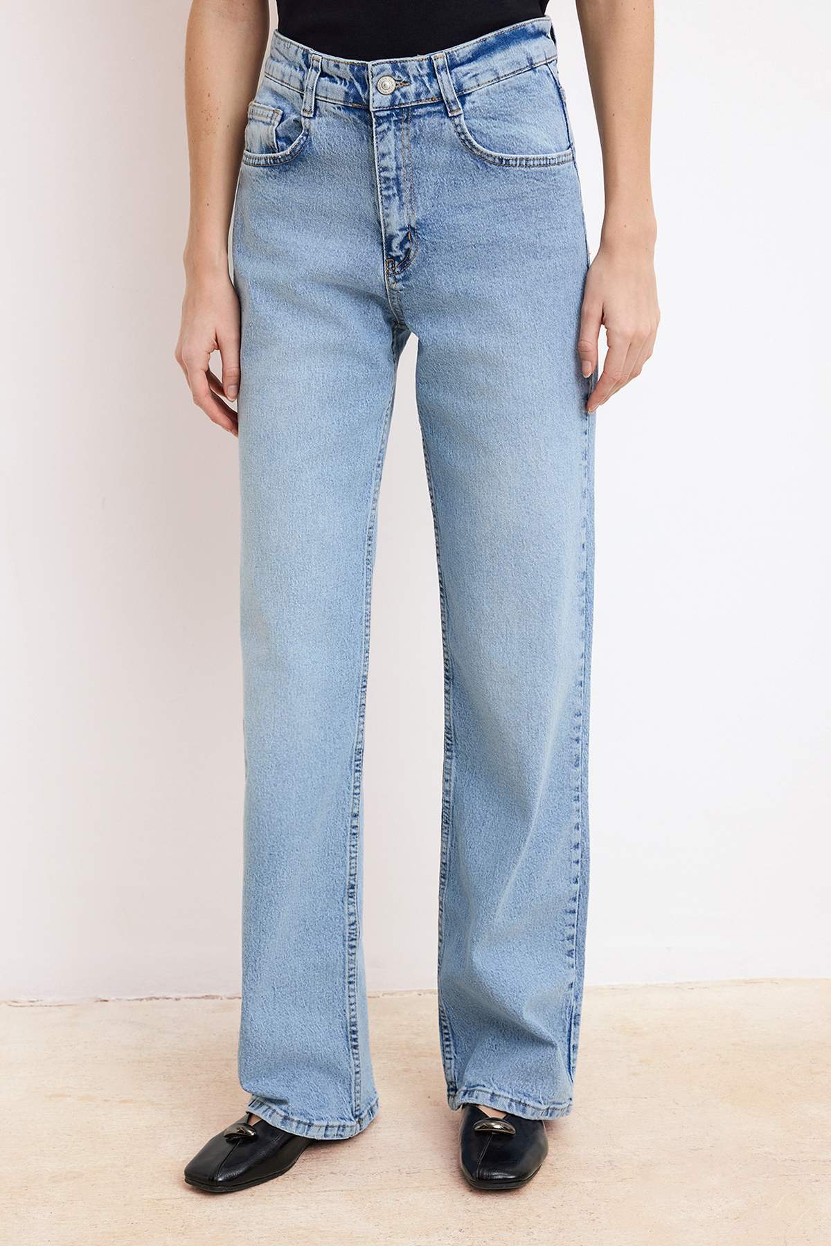 Blue High Waist 100% Cotton Wide Leg Jeans