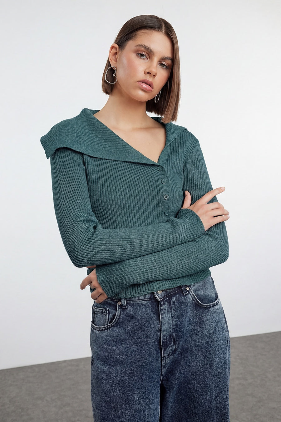Teal Mercerized-Look Premium Yarn/Special Yarn Fitted Knit Cardigan