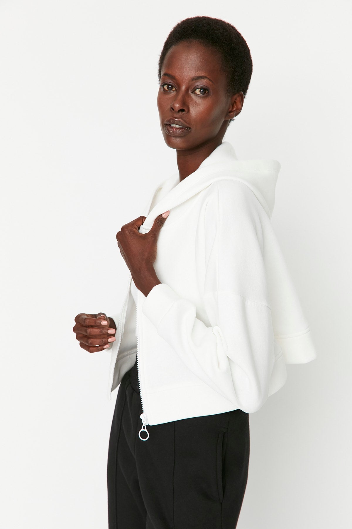 Ecru Basic Zipped Hooded Cropped Thick Fleece-Lined Knit Cardigan/Sweatshirt