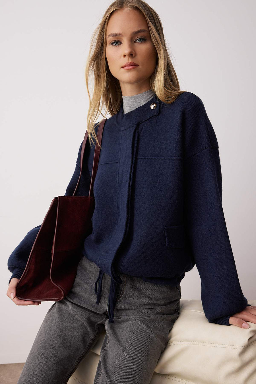 Navy Zipped Premium Yarn/Special Yarn Relaxed Fit Coat-Look Knit Cardigan